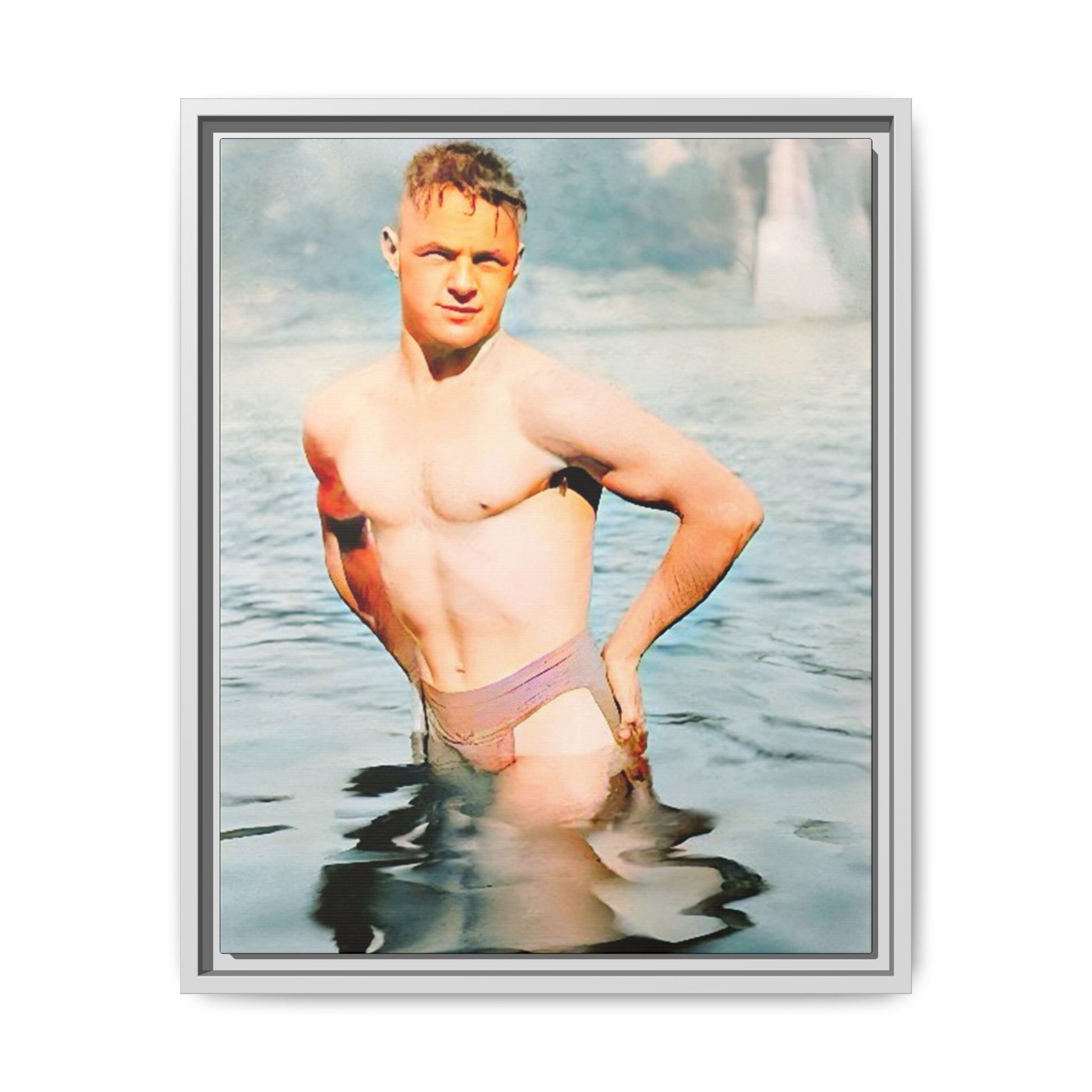 Restored 1940s vintage photo of Lewis standing waist-deep in Lake Wawasee, Indiana, radiating confidence and vitality, framed as wall art.