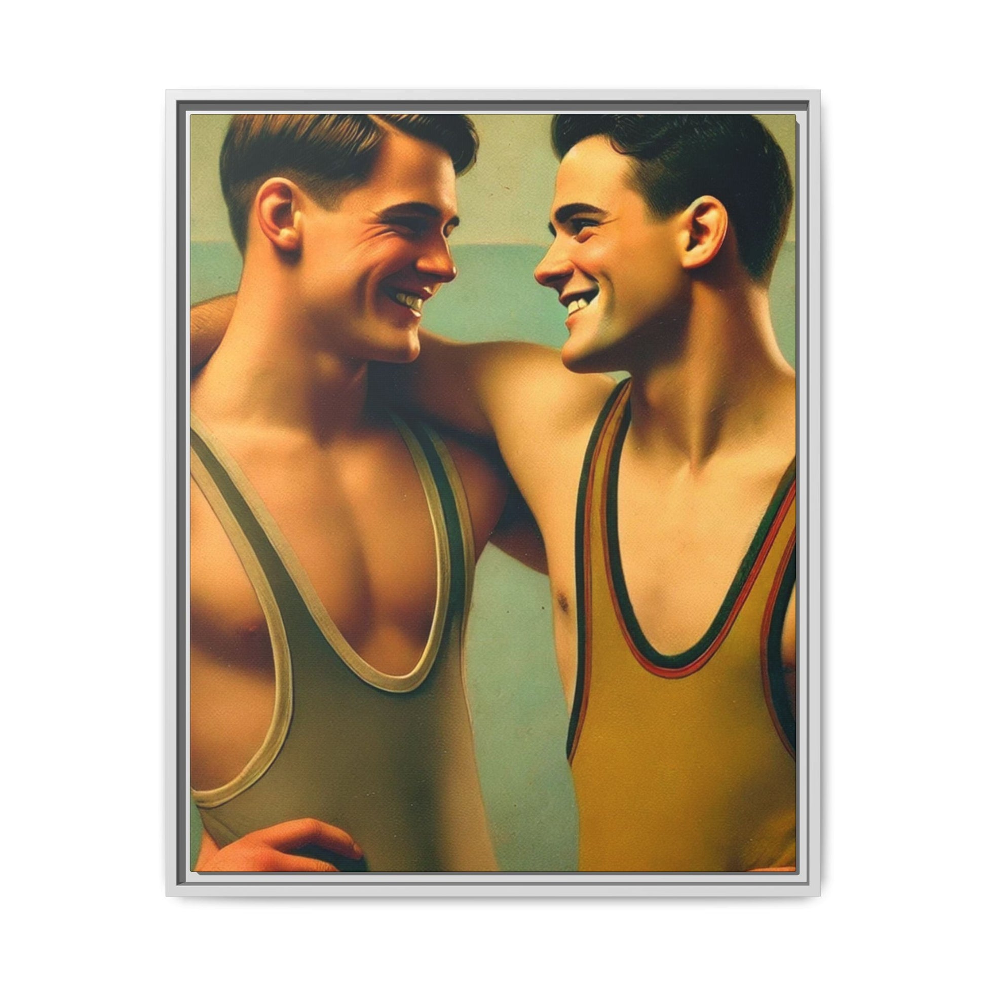 Framed artwork of two young wrestlers in vintage singlets sharing a candid moment, inspired by Grant Wood's Regionalist art style.