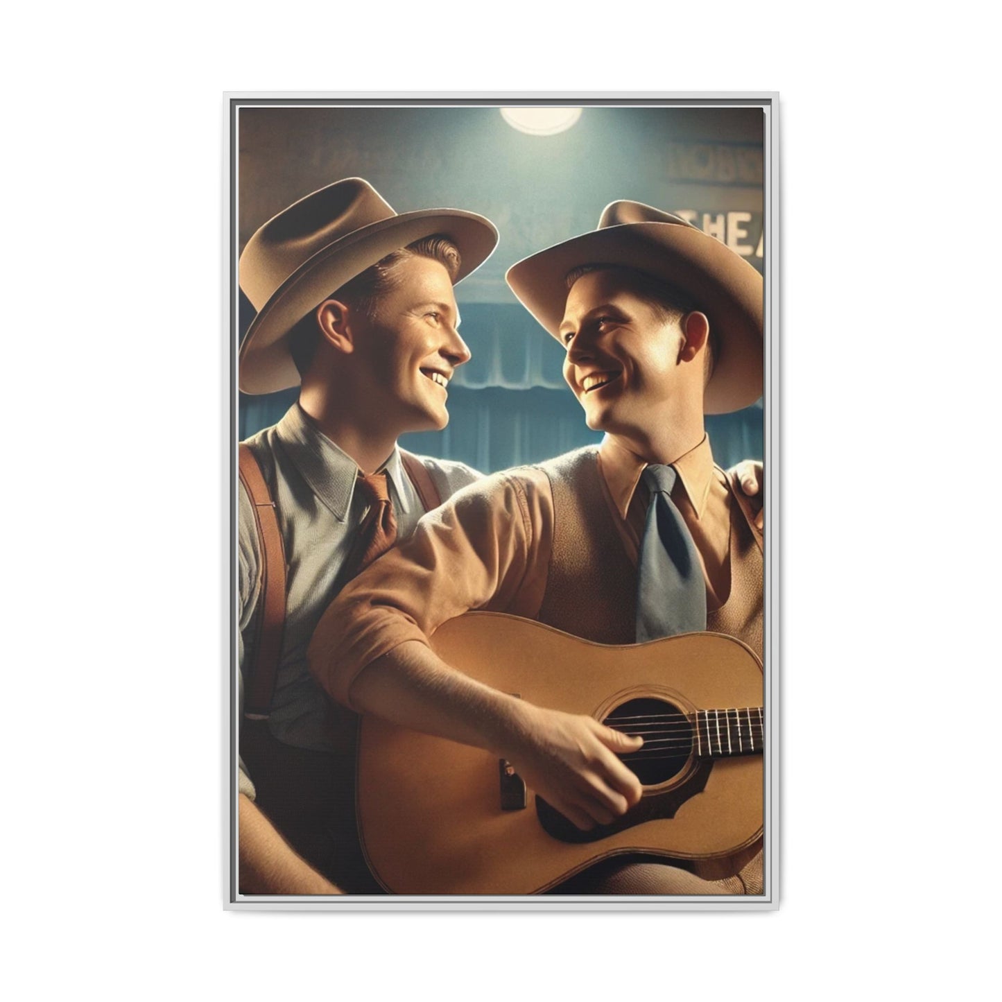 Artwork of a gay couple recording a country-western song in a 1930s-style studio. Dressed in classic Western attire with wide-brimmed hats and button-up shirts, the two men share an affectionate gaze, capturing love and unity in a nostalgic, vintage setting.