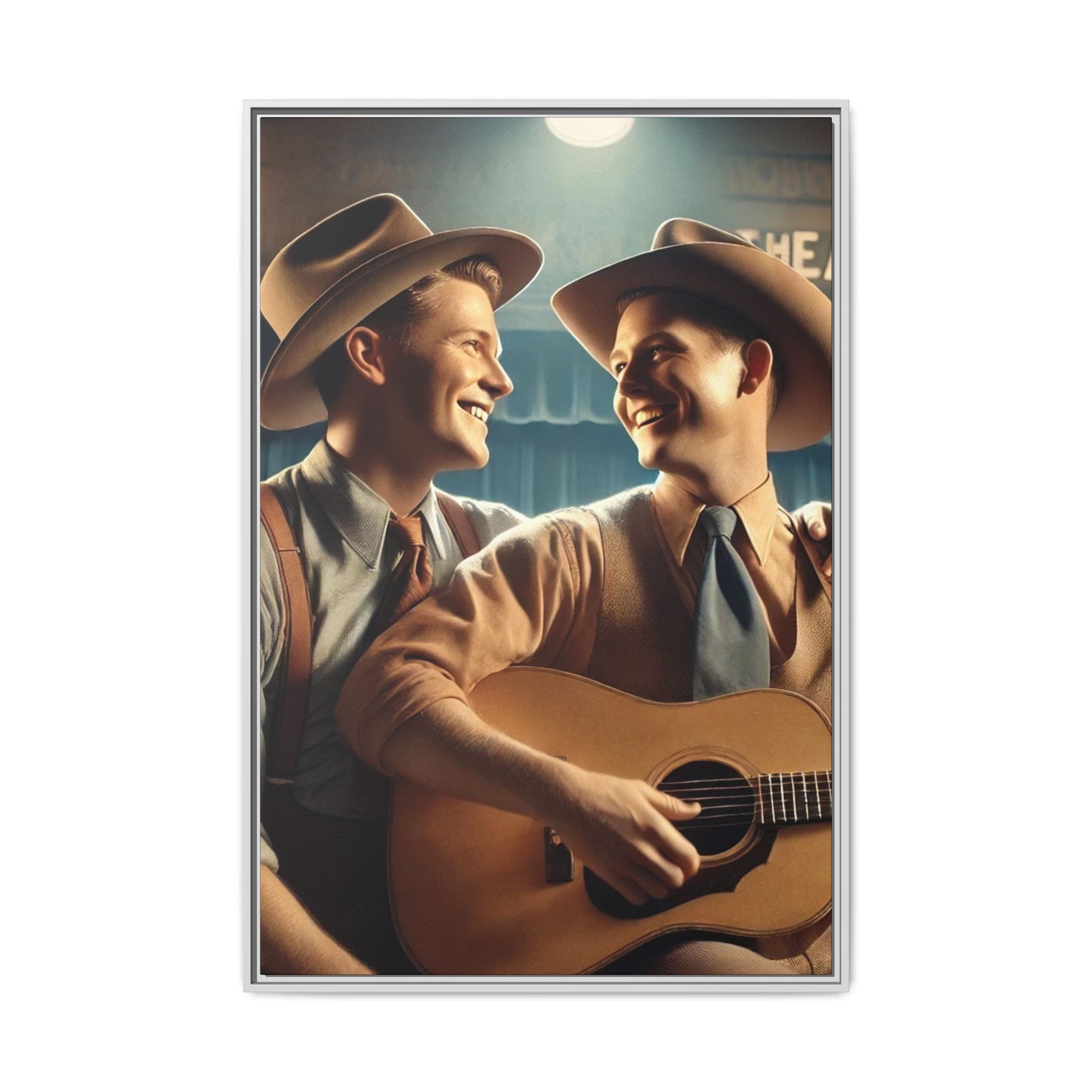 Artwork of a gay couple recording a country-western song in a 1930s-style studio. Dressed in classic Western attire with wide-brimmed hats and button-up shirts, the two men share an affectionate gaze, capturing love and unity in a nostalgic, vintage setting.