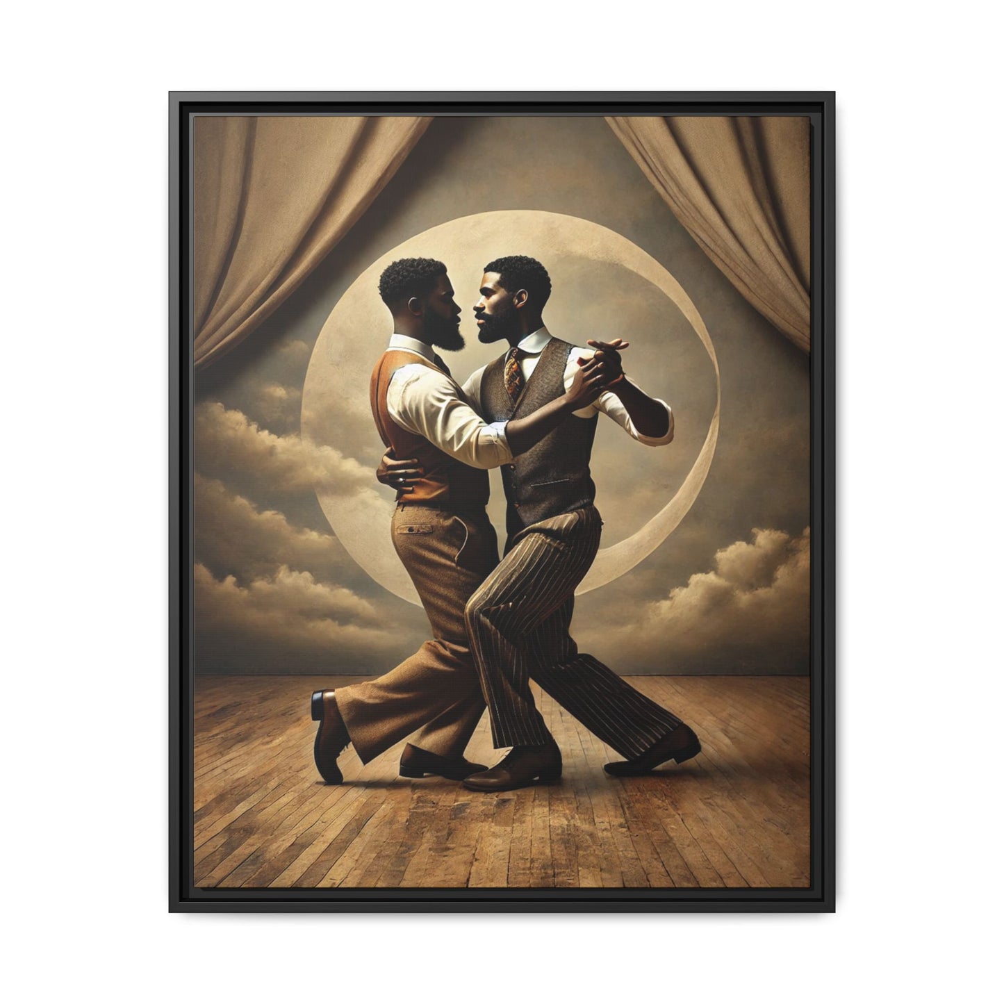 Original artwork of two Black men ballroom dancing in vintage 1920s suits under a glowing moon backdrop. A romantic and powerful tribute to queer love and Black history that reclaims moments lost to systemic bias and cultural erasure.