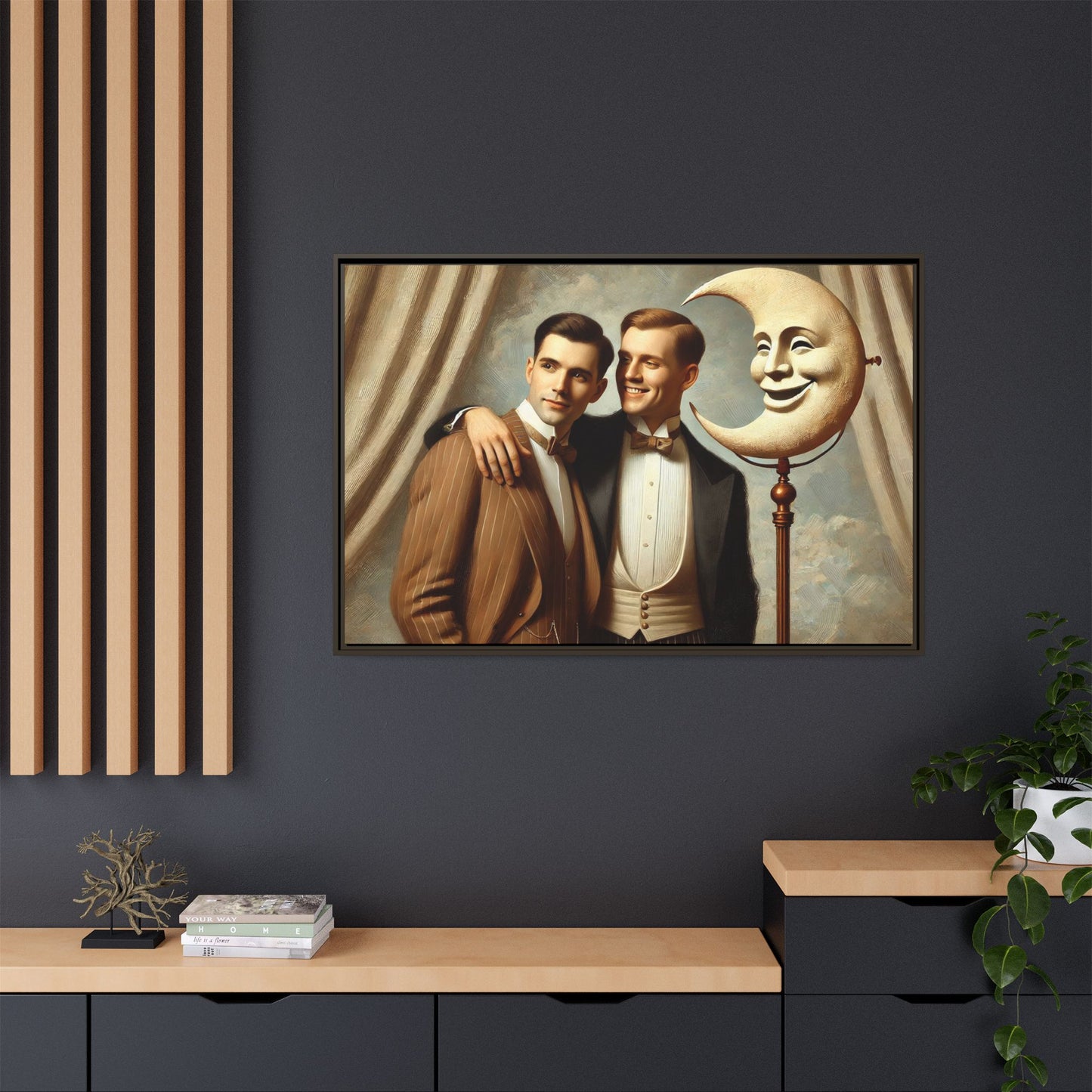 Framed matte canvas artwork of two men in vintage tuxedos standing beside a crescent moon prop. This piece reclaims LGBTQ+ representation lost to bias and honors everyday moments of affection and connection once absent from historical archives.