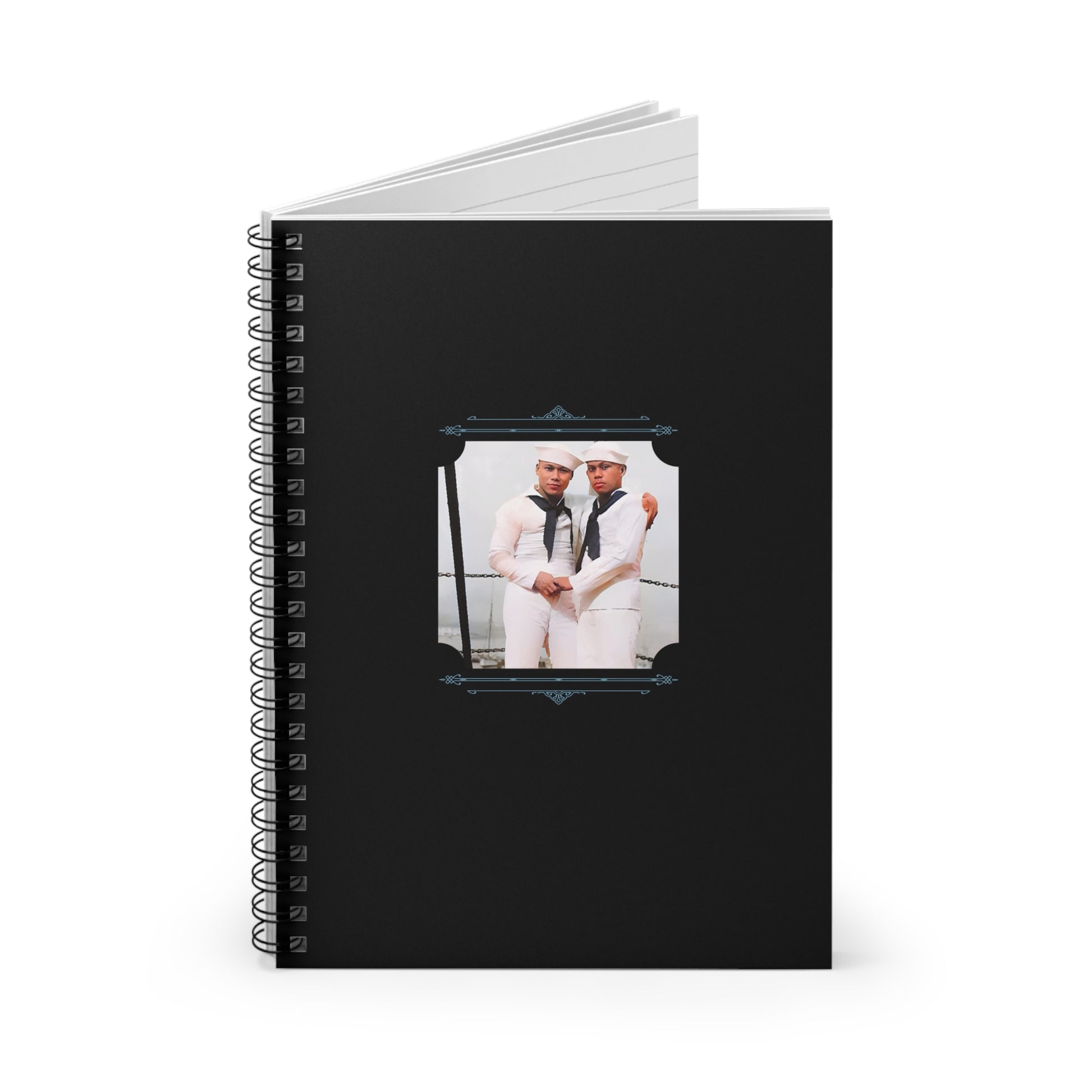 Colorized historical image of two Puerto Rican men in Navy uniforms embracing aboard a ship during WWII, on notebook cover