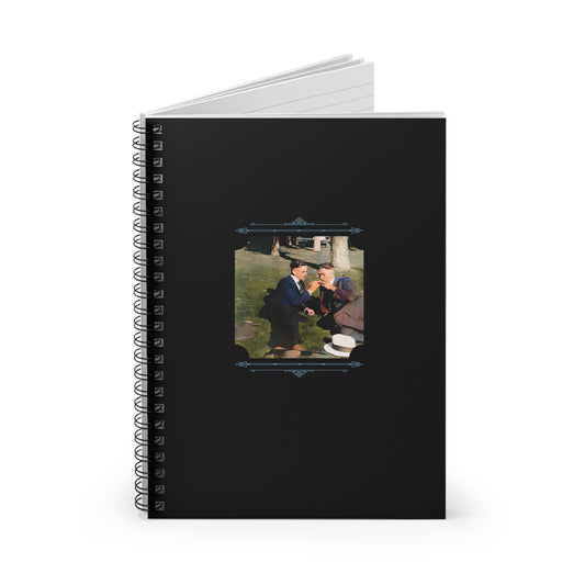 Gay couple smoking in Central Park, vintage colorized photo, printed on ruled spiral notebook cover.