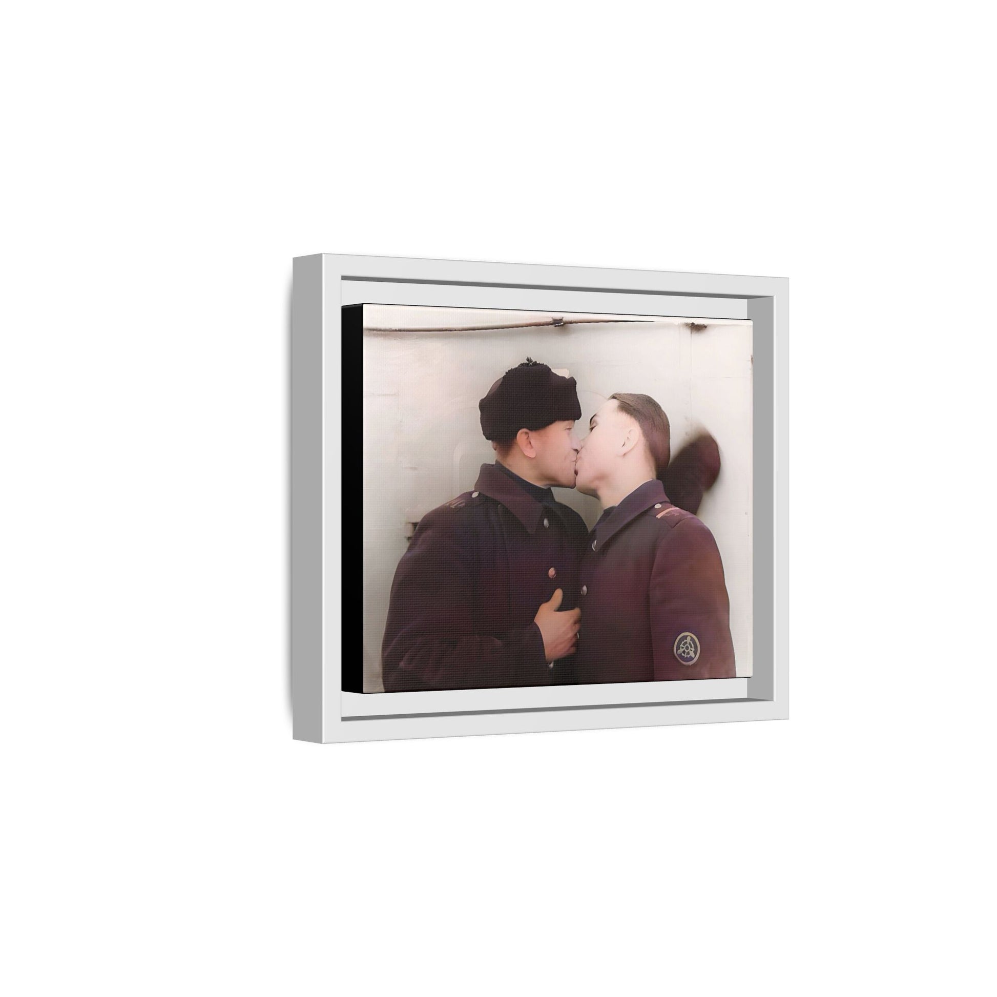 A restored vintage photograph of two Russian soldiers in uniform sharing an intimate moment at a military outpost in Surgut, Russia. Their embrace reflects resilience, love, and defiance against societal norms, making this a powerful tribute to LGBTQ+ history and wartime romance. Винтажное фото | гей-пара