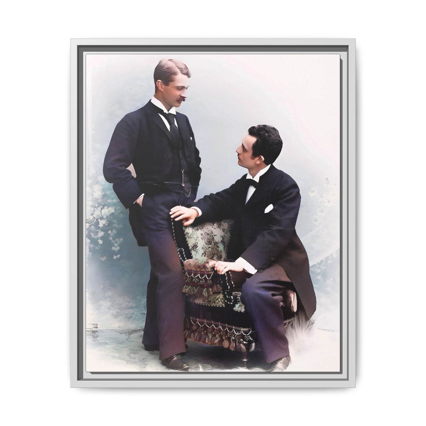 A beautifully restored vintage portrait of Ernest & Richard in Wilmington, North Carolina, exuding elegance and deep connection. Dressed in refined suits, their poised expressions capture a timeless LGBTQ+ love story, making this framed matte canvas print a stunning historical art piece for collectors and enthusiasts.