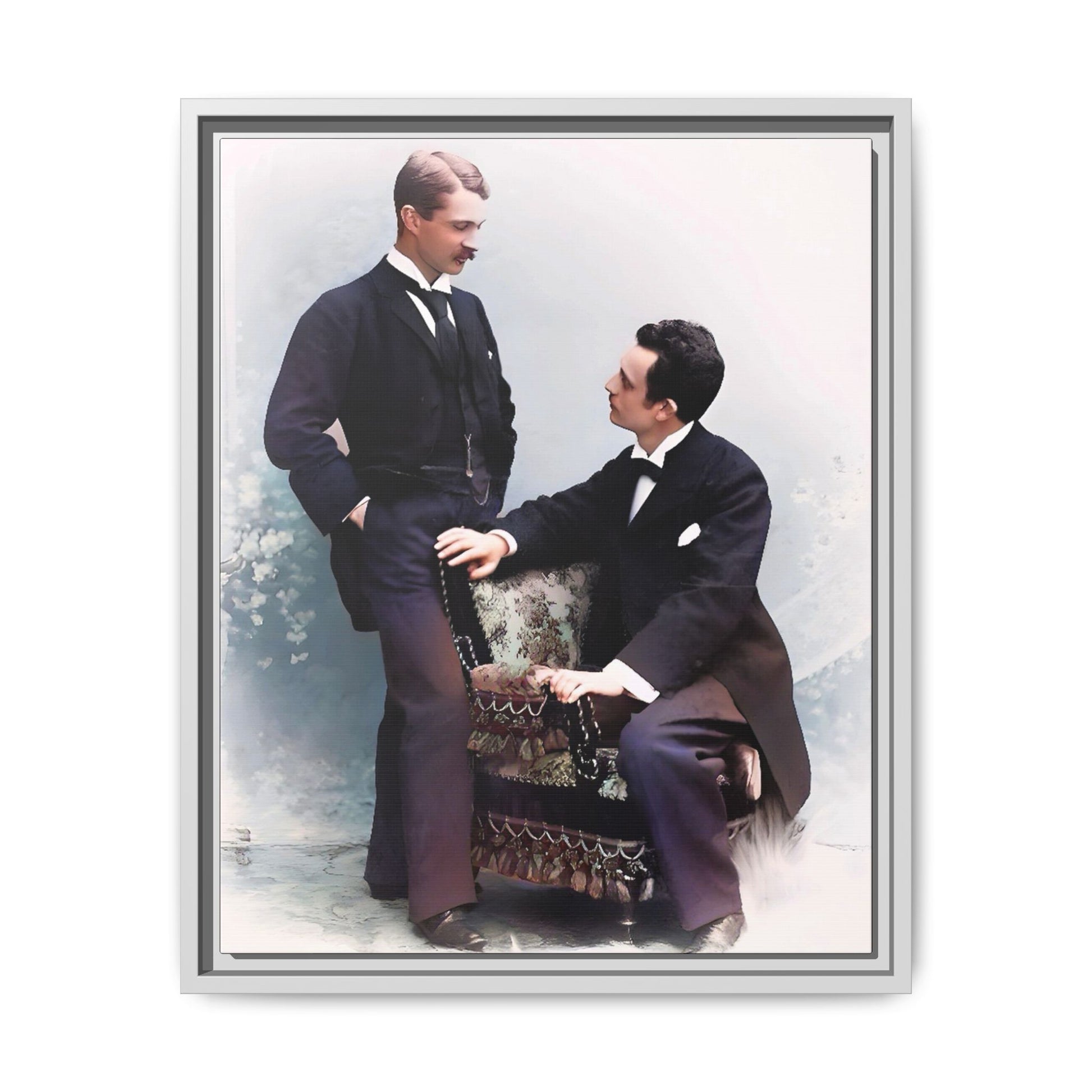 A beautifully restored vintage portrait of Ernest & Richard in Wilmington, North Carolina, exuding elegance and deep connection. Dressed in refined suits, their poised expressions capture a timeless LGBTQ+ love story, making this framed matte canvas print a stunning historical art piece for collectors and enthusiasts.