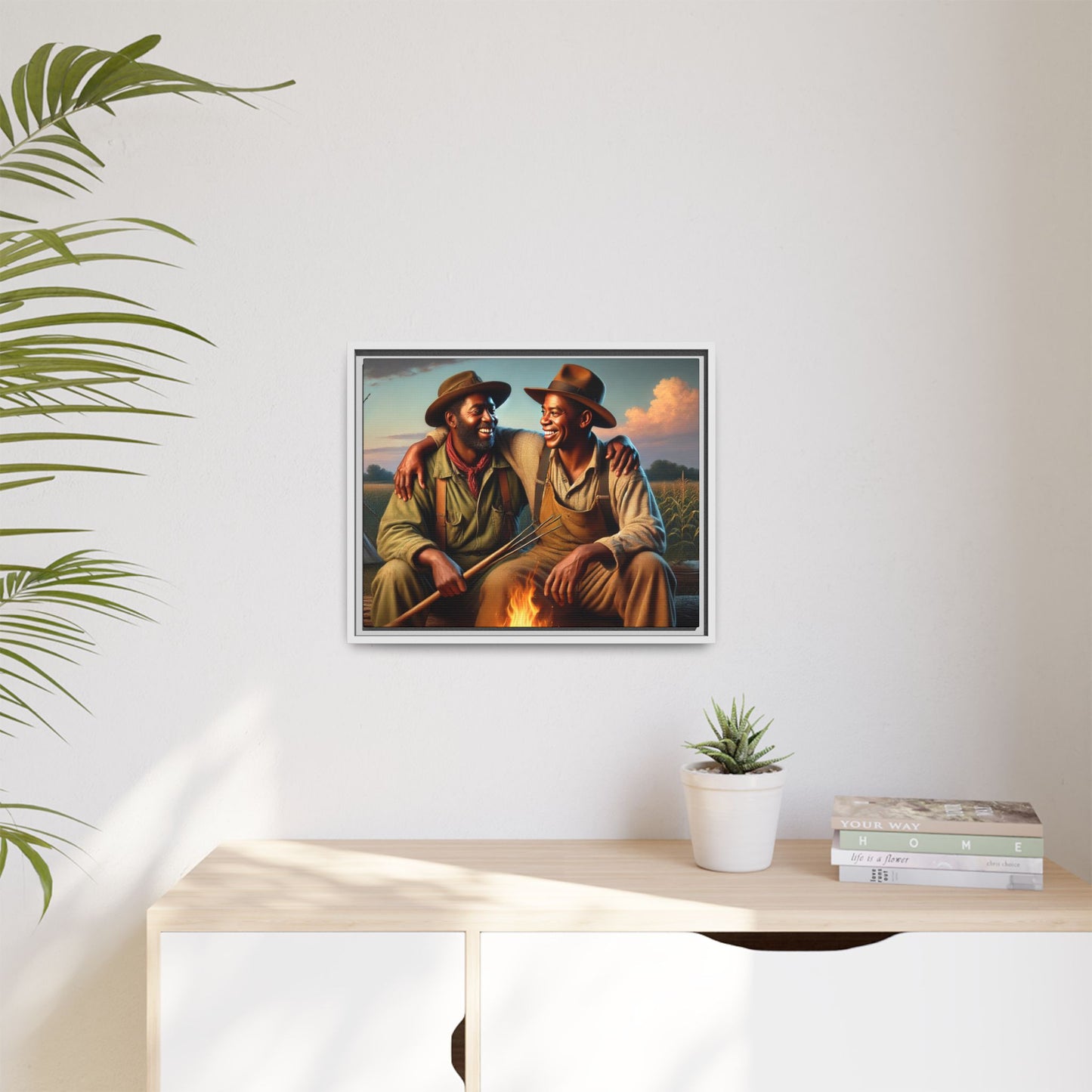 Artwork of an older African-American queer couple sharing a warm, joyful moment by a campfire in rural Iowa. Set against vast fields and an open sky, the scene captures love, resilience, and the nostalgic beauty of Americana, with firelight illuminating their laughter and companionship