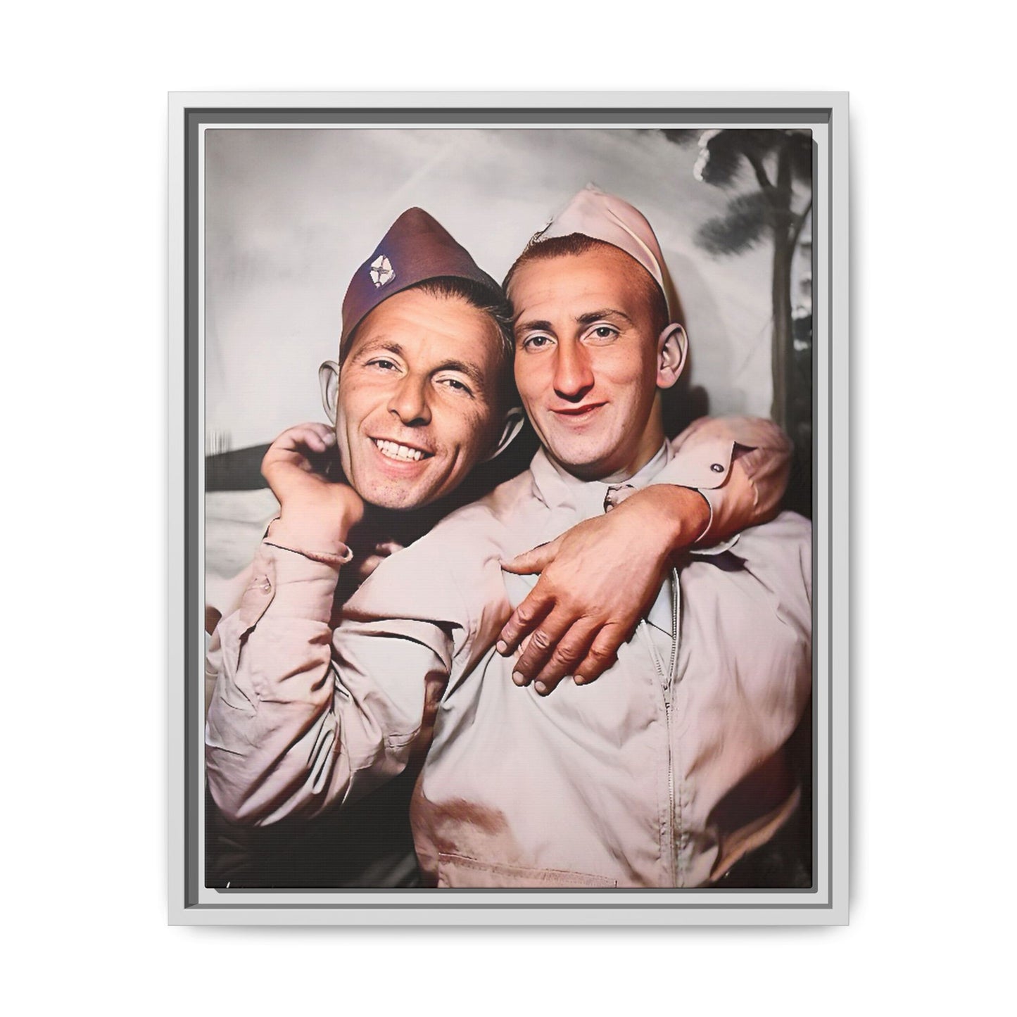 A framed vintage photo on matte canvas featuring a heartfelt portrait of a military couple at Fort Jackson, South Carolina, celebrating love and resilience in history.
