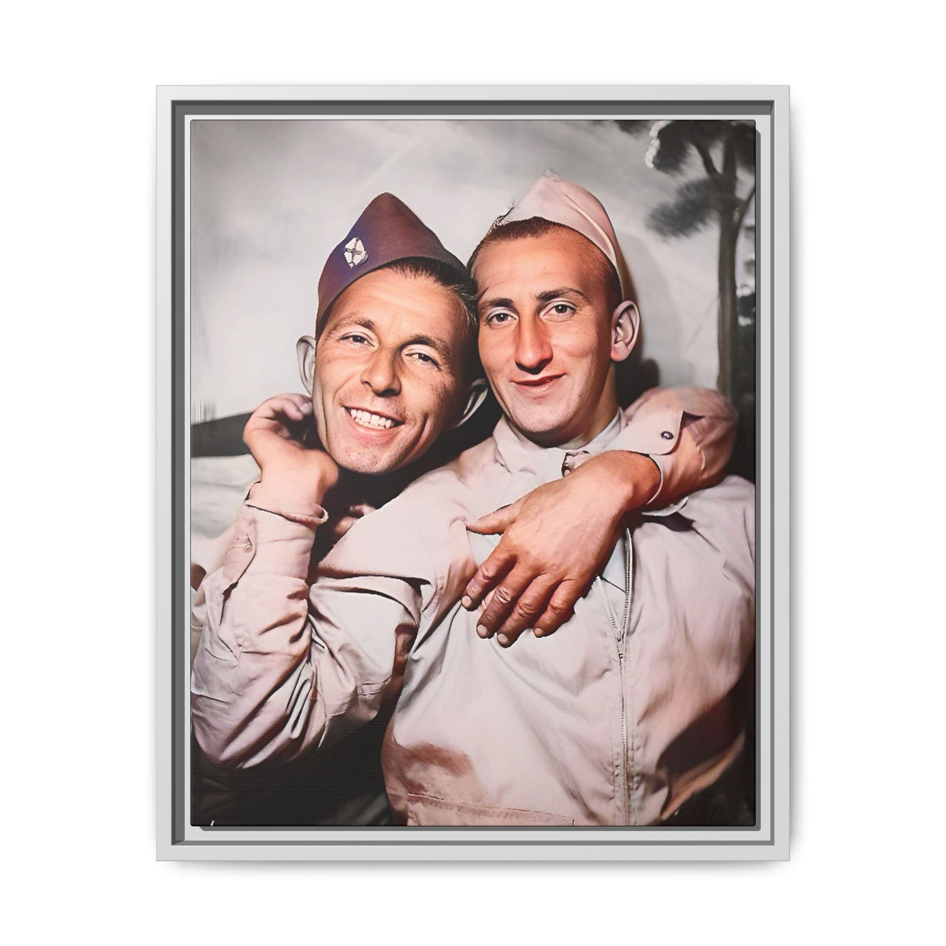 A framed vintage photo on matte canvas featuring a heartfelt portrait of a military couple at Fort Jackson, South Carolina, celebrating love and resilience in history.