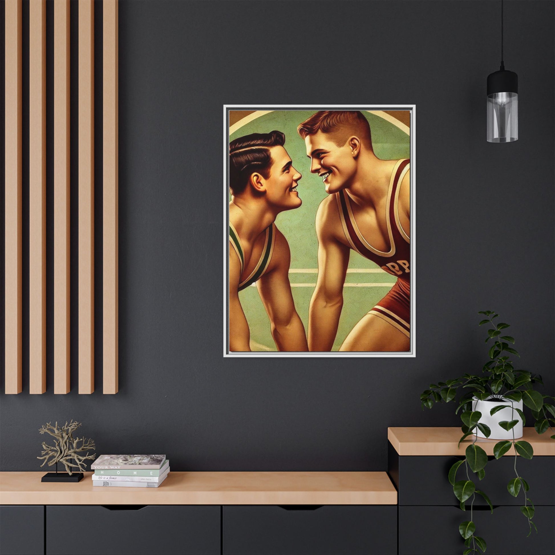 Framed artwork of two young wrestlers in vintage singlets on a stylized mat, inspired by Grant Wood's nostalgic Americana style.