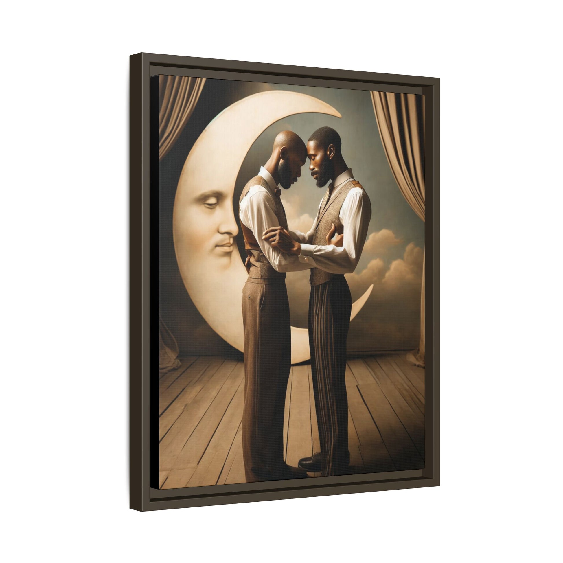 Two Black men in vintage 1920s clothing stand forehead to forehead, embraced beneath a glowing crescent moon. A theatrical scene honoring queer love, memory, and history, reclaiming moments that were never captured due to cultural bias.