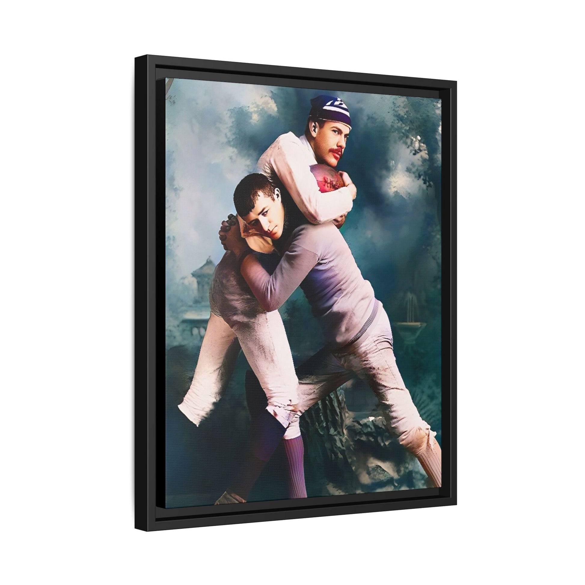 A framed vintage sports portrait on matte canvas featuring Theodore and Patrick in Chapel Hill, North Carolina, capturing timeless strength, camaraderie, and connection.
