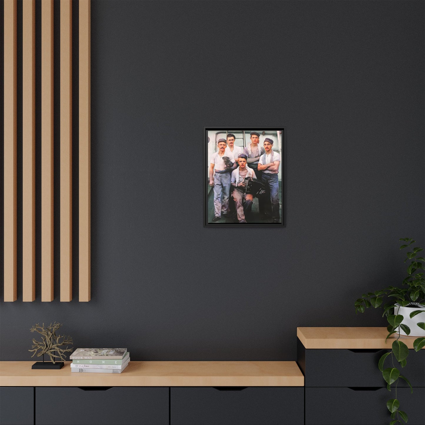 A vintage maritime photograph printed on matte canvas, featuring sailors aboard the Waimarino Cargo Ship, highlighting companionship, tradition, and the spirit of life at sea.