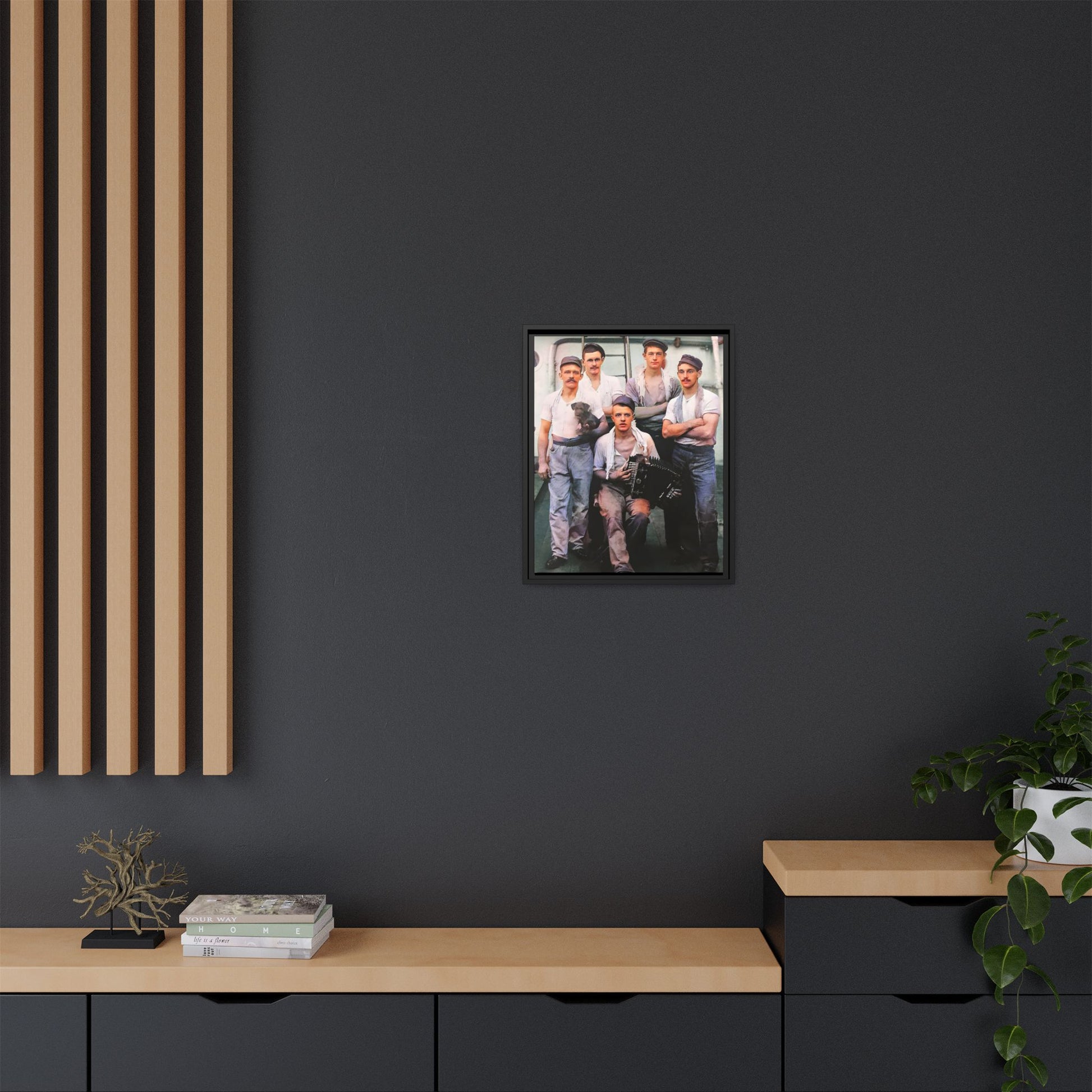 A vintage maritime photograph printed on matte canvas, featuring sailors aboard the Waimarino Cargo Ship, highlighting companionship, tradition, and the spirit of life at sea.