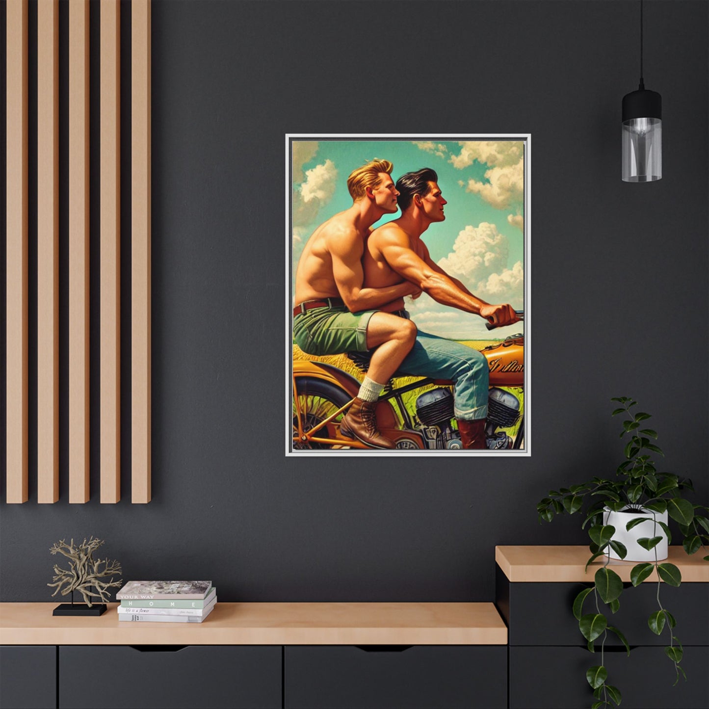 Framed artwork of a gay couple riding a vintage motorcycle through rural Iowa, celebrating love, unity, and the beauty of shared journeys. Inspired by Grant Wood