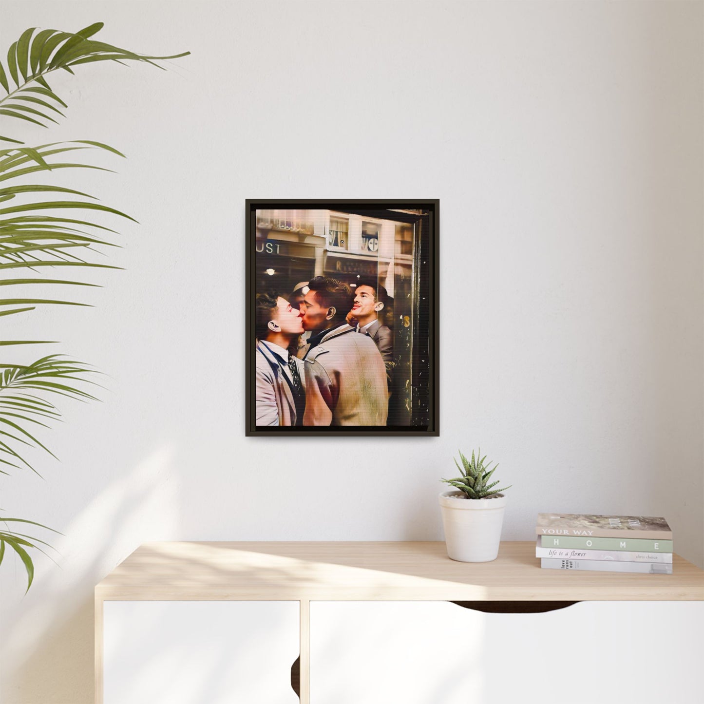 A restored 1950s LGBTQ+ couple portrait of Alejandro & Lorenzo at Mayfair Bar, NYC. A romantic queer history print on matte canvas, capturing love, resilience, and authenticity in a vibrant nightlife setting.