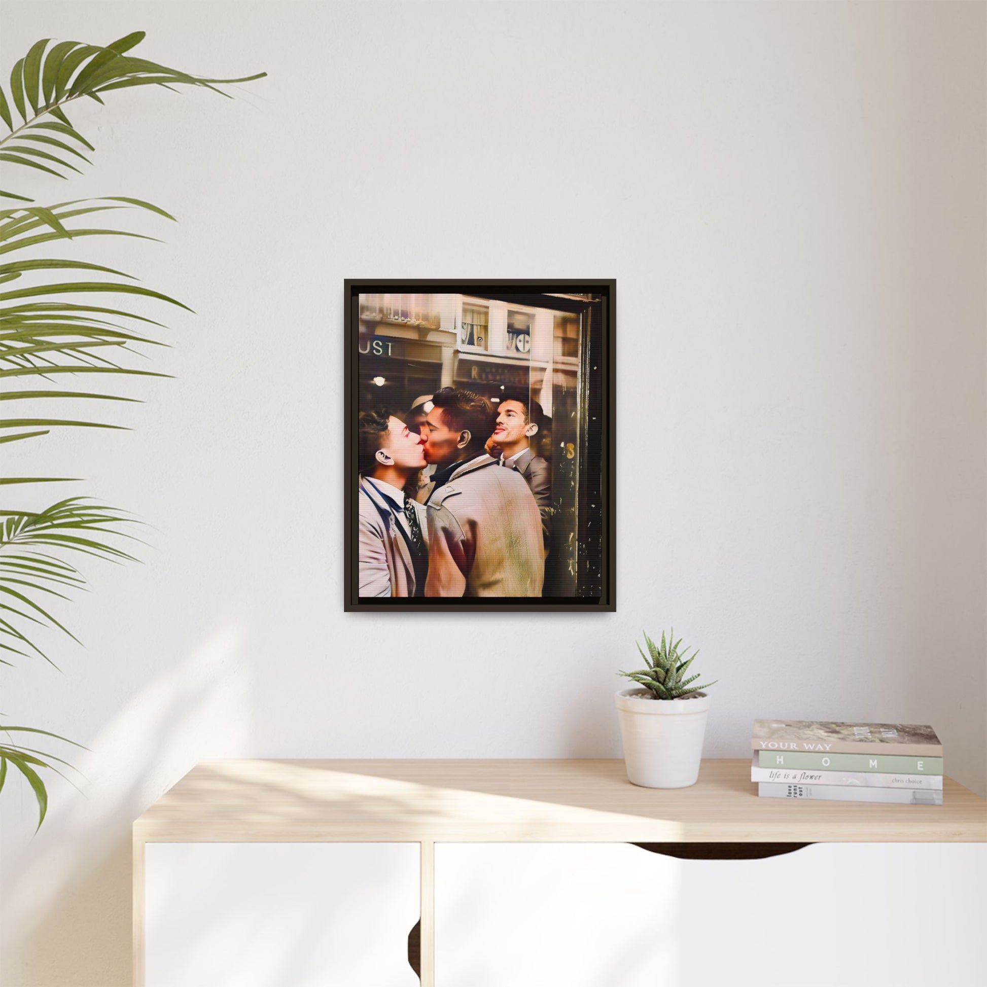 A restored 1950s LGBTQ+ couple portrait of Alejandro & Lorenzo at Mayfair Bar, NYC. A romantic queer history print on matte canvas, capturing love, resilience, and authenticity in a vibrant nightlife setting.