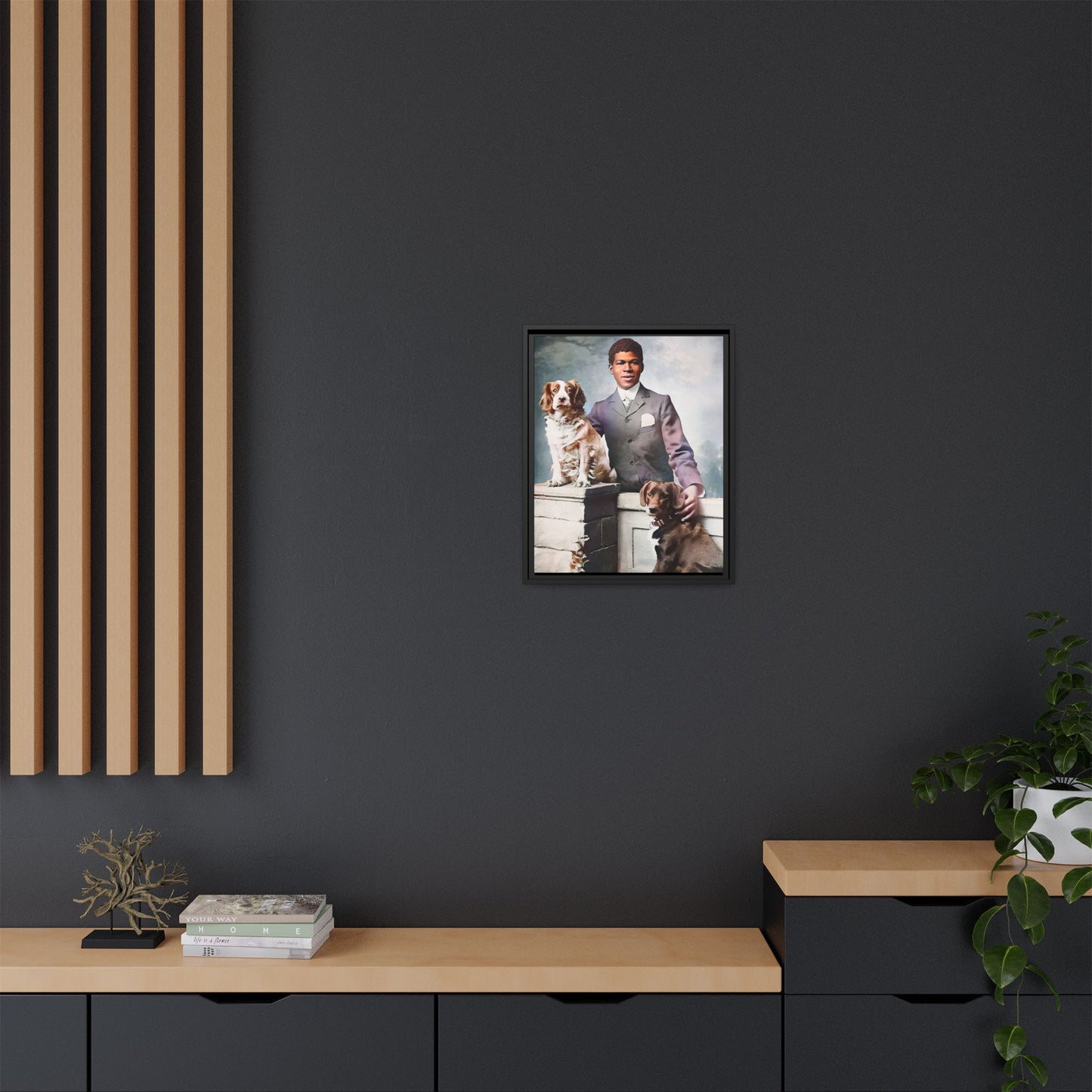 A restored vintage portrait of Marcus with his dogs, Buster and Ellis, in Charlotte, North Carolina. This framed matte canvas print captures the elegance of Southern charm and the enduring bond between a man and his loyal companions. Vintage Dog Portrait