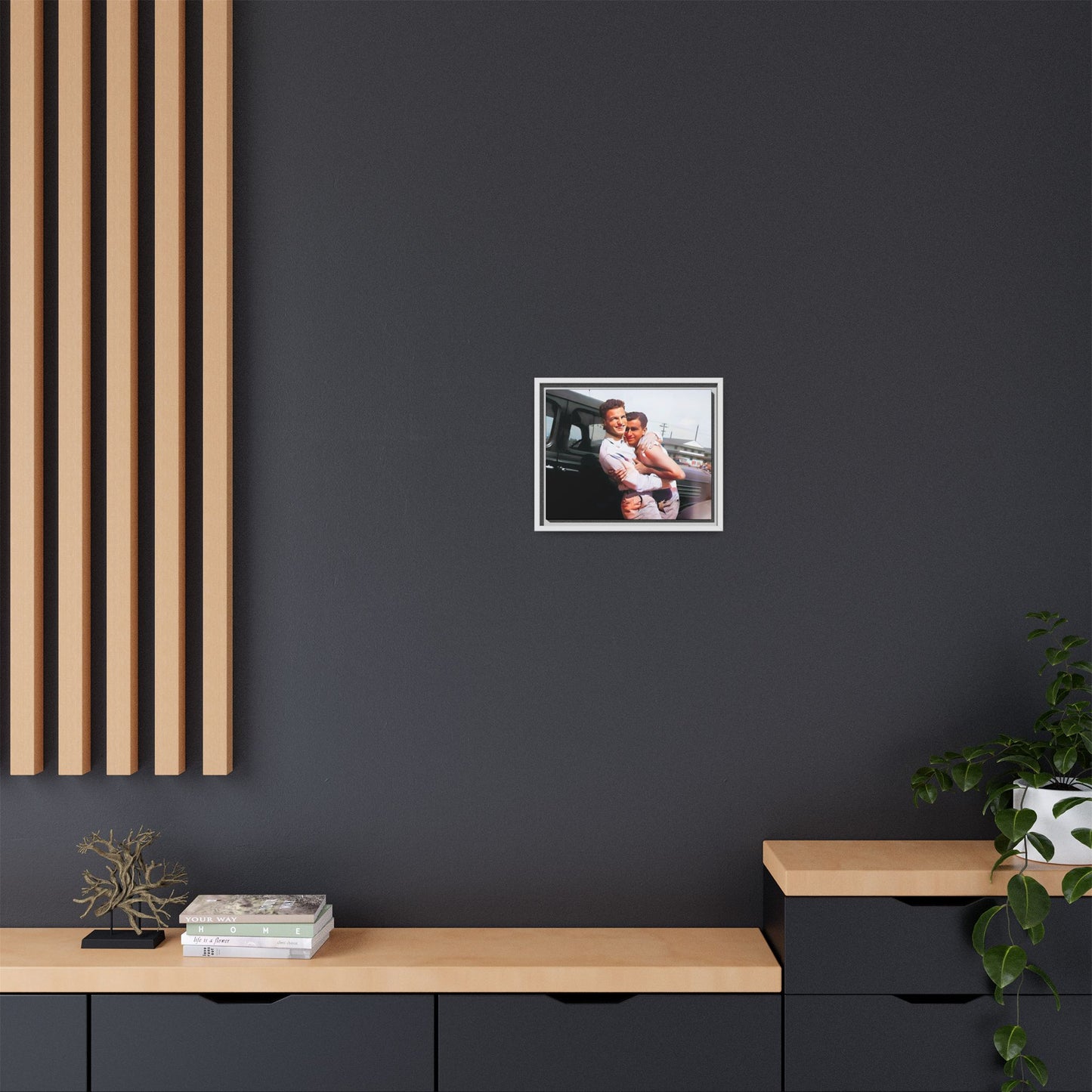 A framed vintage love portrait on matte canvas featuring Henry and Raymond in Peoria, Illinois, capturing timeless LGBTQ+ connection and joy. Gay Couple