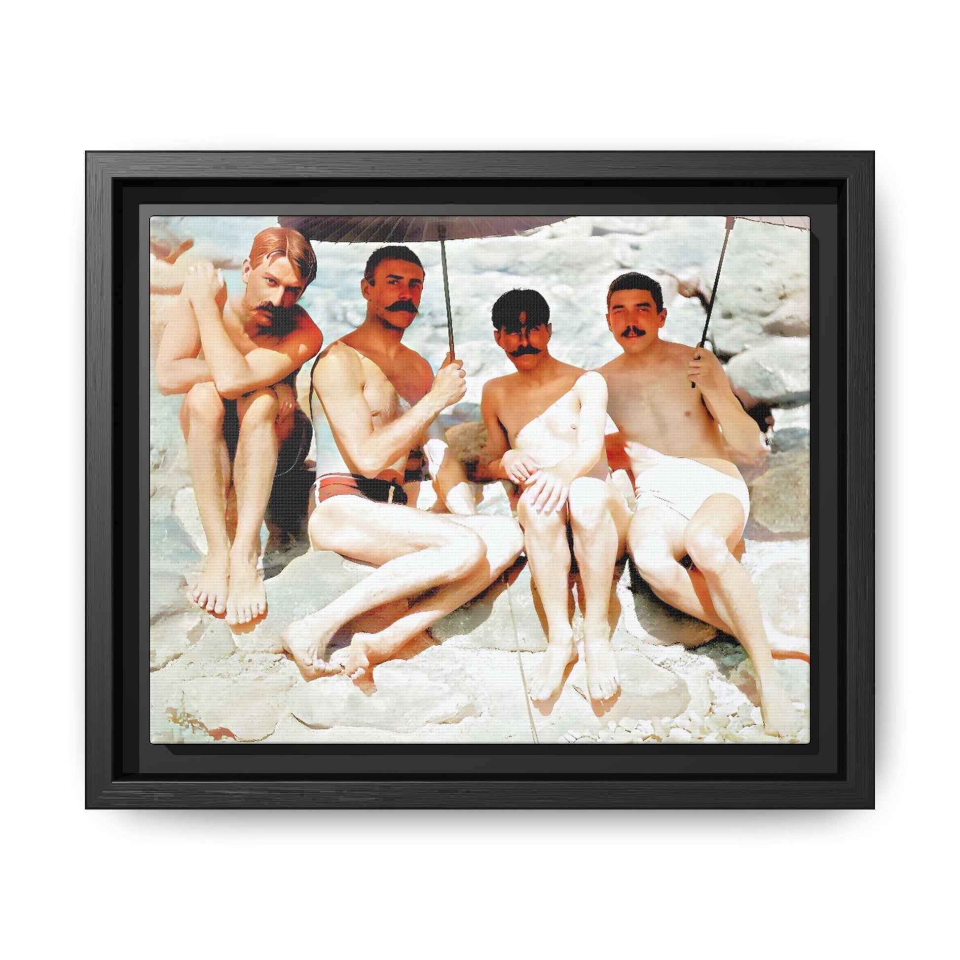 A nostalgic vintage beach photograph from Herring Cove Beach, Provincetown, MA. This framed canvas print captures four men in a relaxed summer moment, perfect for coastal home decor or as an LGBTQ+ history tribute.
