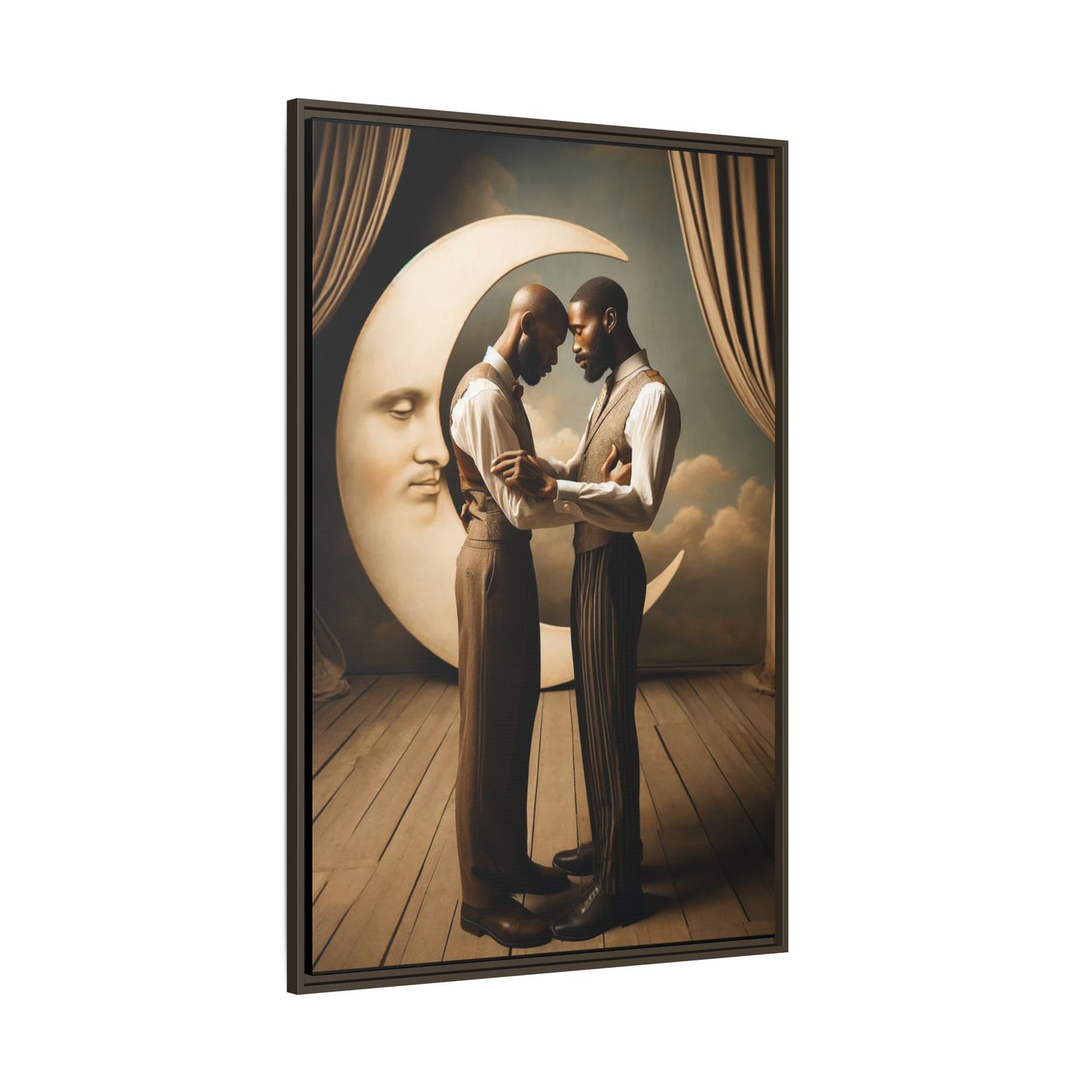 Two Black men in vintage 1920s clothing stand forehead to forehead, embraced beneath a glowing crescent moon. A theatrical scene honoring queer love, memory, and history, reclaiming moments that were never captured due to cultural bias.