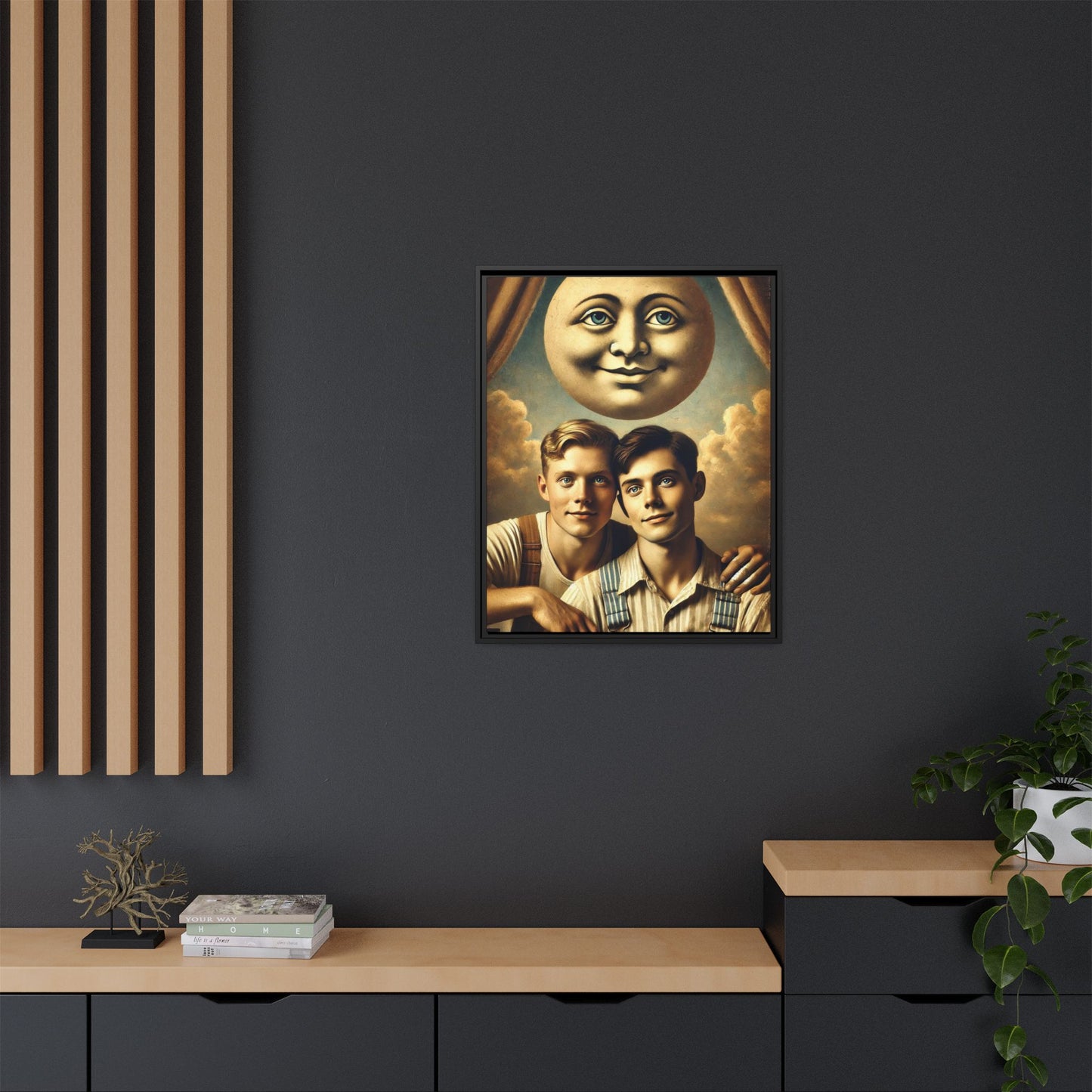 Framed matte canvas portrait featuring two young men in vintage overalls with a crescent moon prop above them. This artwork from the Missing Art Studies series reclaims LGBTQ+ imagery that may have been lost to bias, presenting warmth, intimacy, and presence.