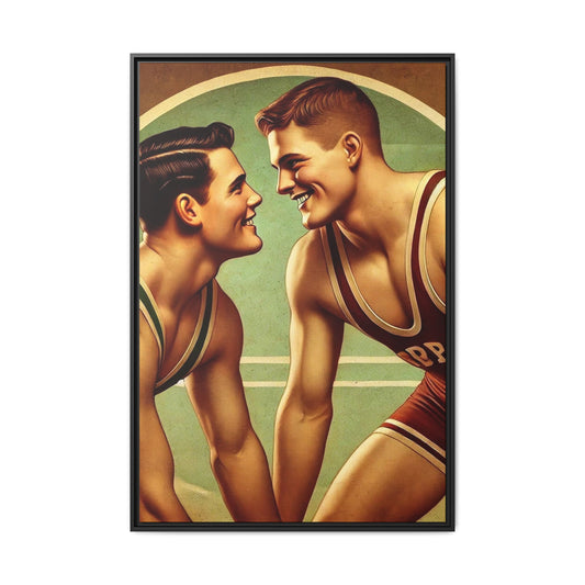 Framed artwork of two young wrestlers in vintage singlets on a stylized mat, inspired by Grant Wood's nostalgic Americana style.