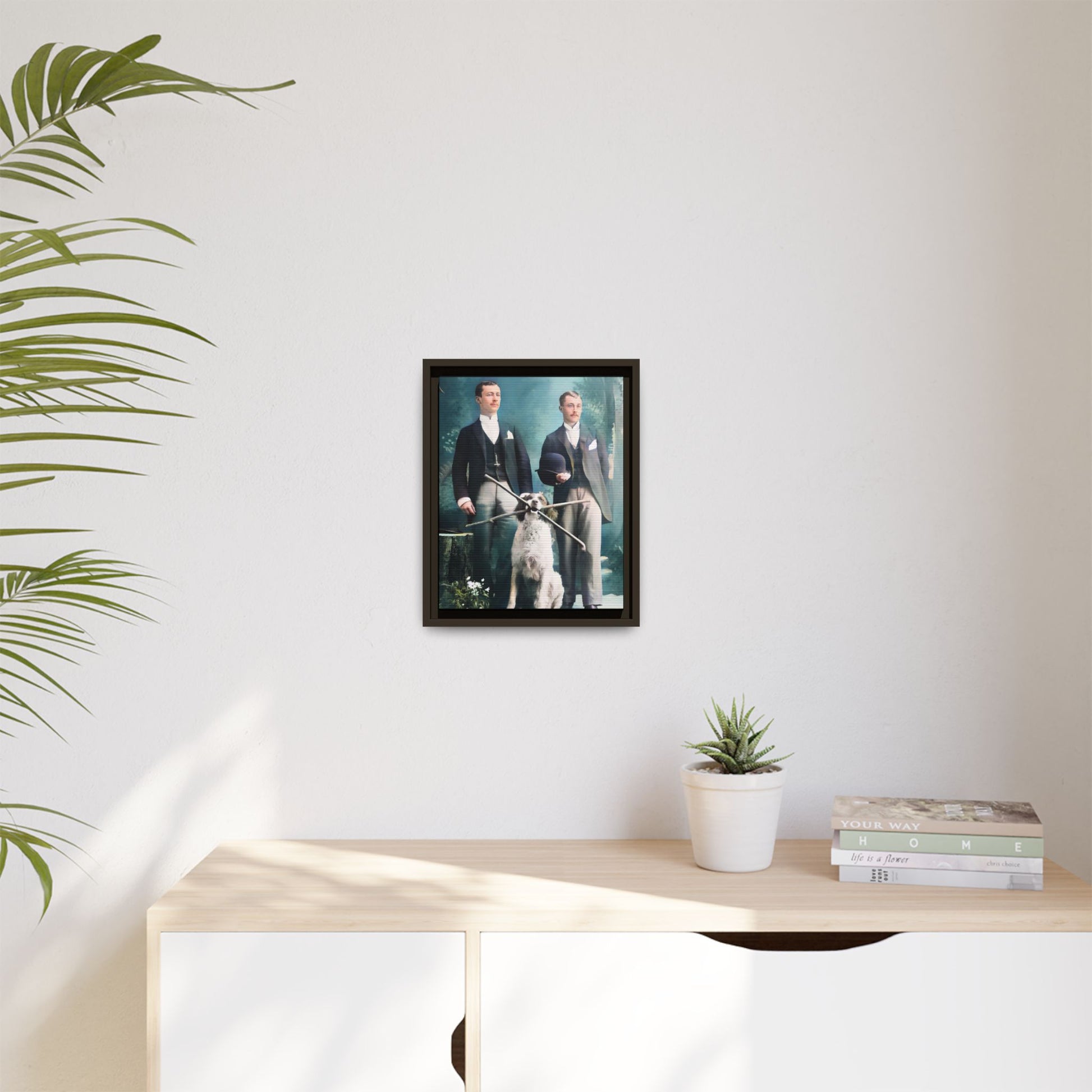 Restored vintage photograph of Patrick and Everett, an Edwardian gay couple with their loyal dog, taken in early 1900s Frankfort, Kentucky. Framed matte canvas print celebrating LGBTQ+ history, love, and companionship. Gay Couple