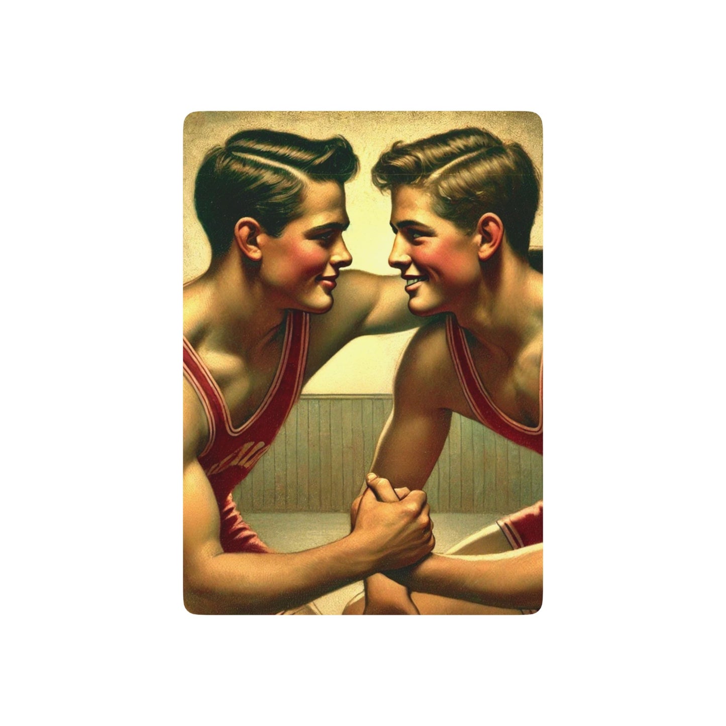 Grant Wood Tribute Poker Cards featuring two wrestlers in vintage singlets, capturing queer-coded moments in Americana.