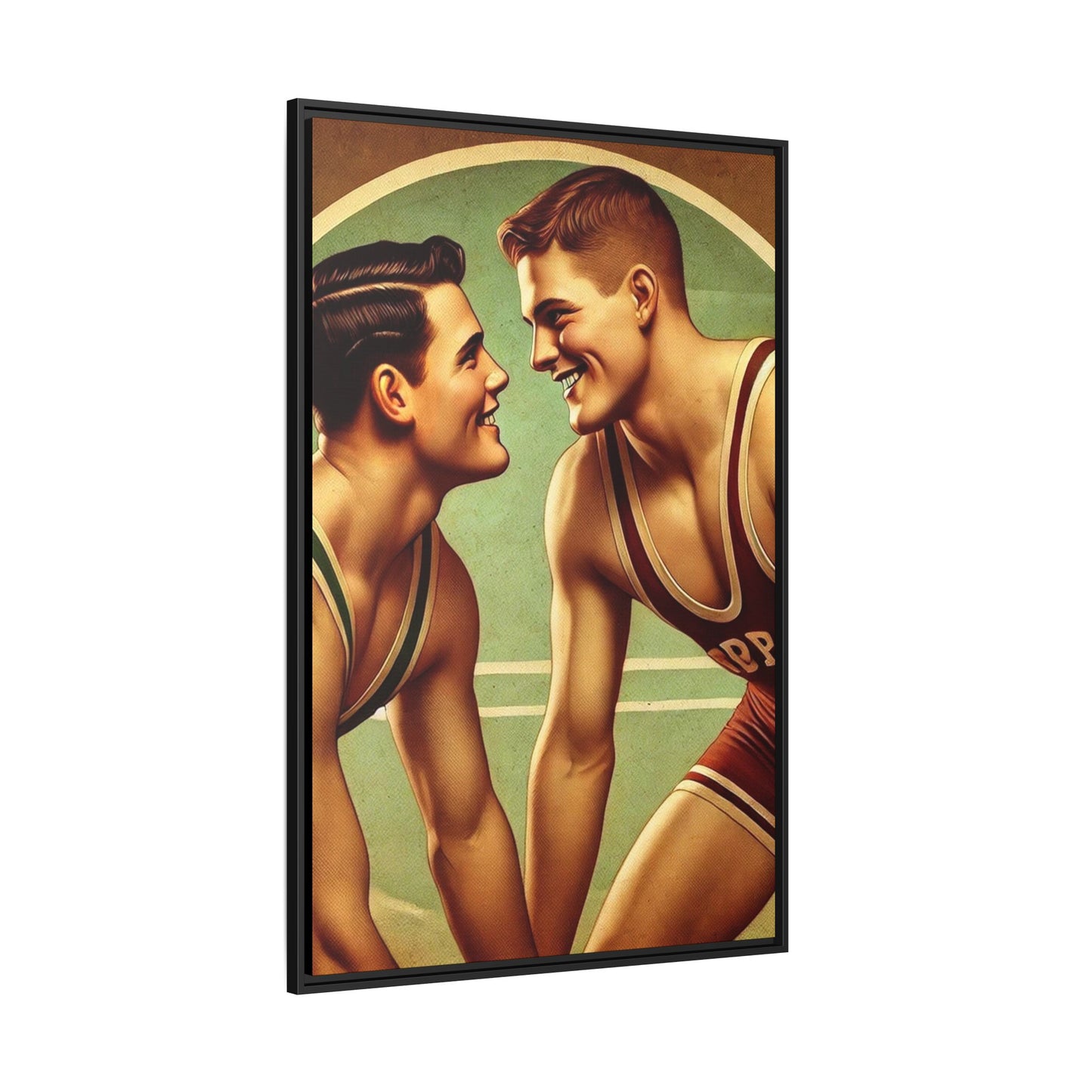 Framed artwork of two young wrestlers in vintage singlets on a stylized mat, inspired by Grant Wood's nostalgic Americana style.