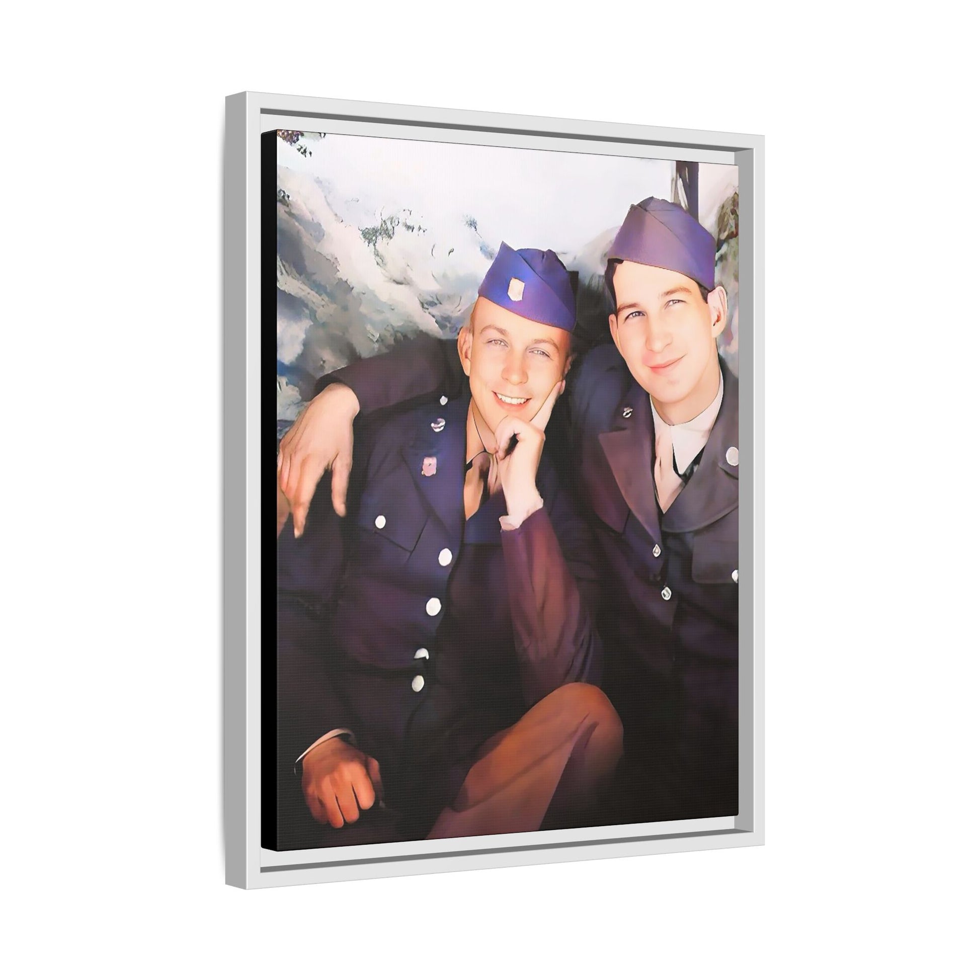 A restored vintage portrait of Willie & Louis at Metro-North Railroad in Harlem, New York. This framed matte canvas celebrates LGBTQ+ history, African American heritage, and timeless love. Gay Couple Love