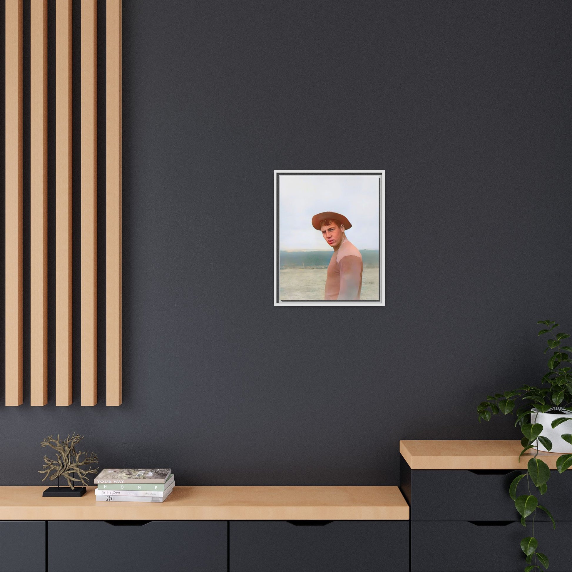 A framed vintage portrait on matte canvas featuring Victor at Cannon Beach, Oregon, capturing the rugged beauty of coastal life.