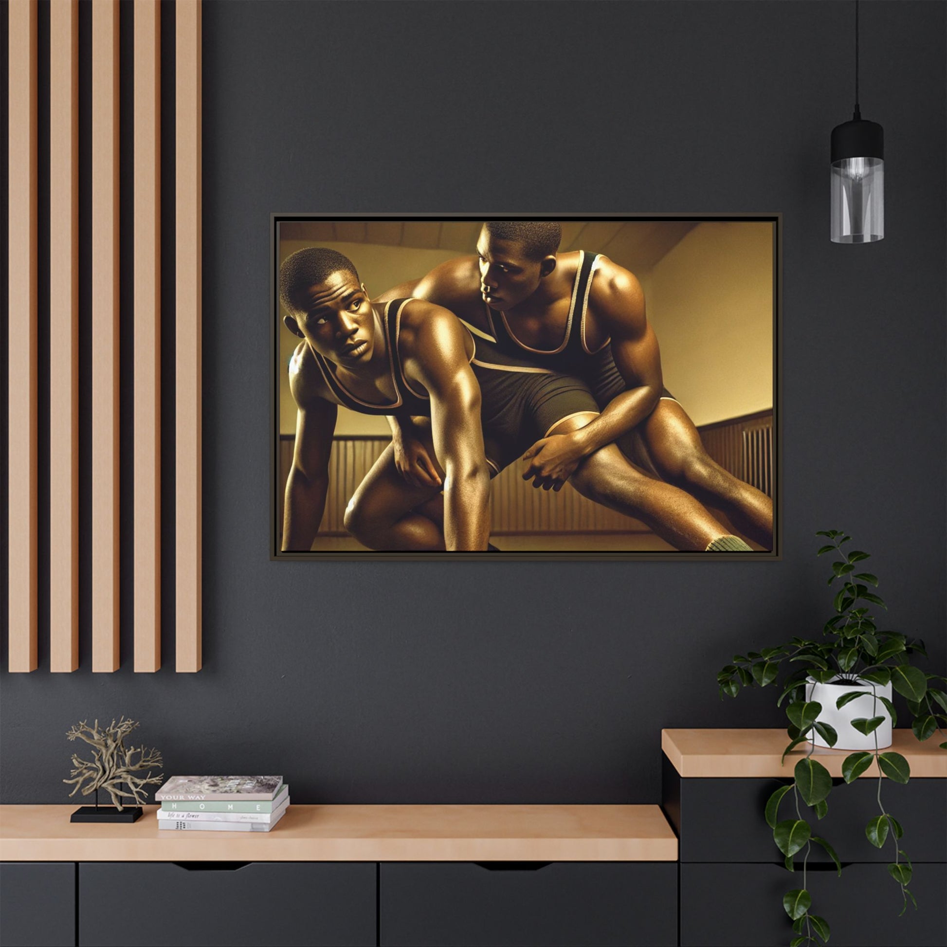 Framed artwork inspired by Grant Wood, showcasing African-American wrestlers in a vintage gymnasium setting. A powerful tribute to teamwork, resilience, and regionalist art.