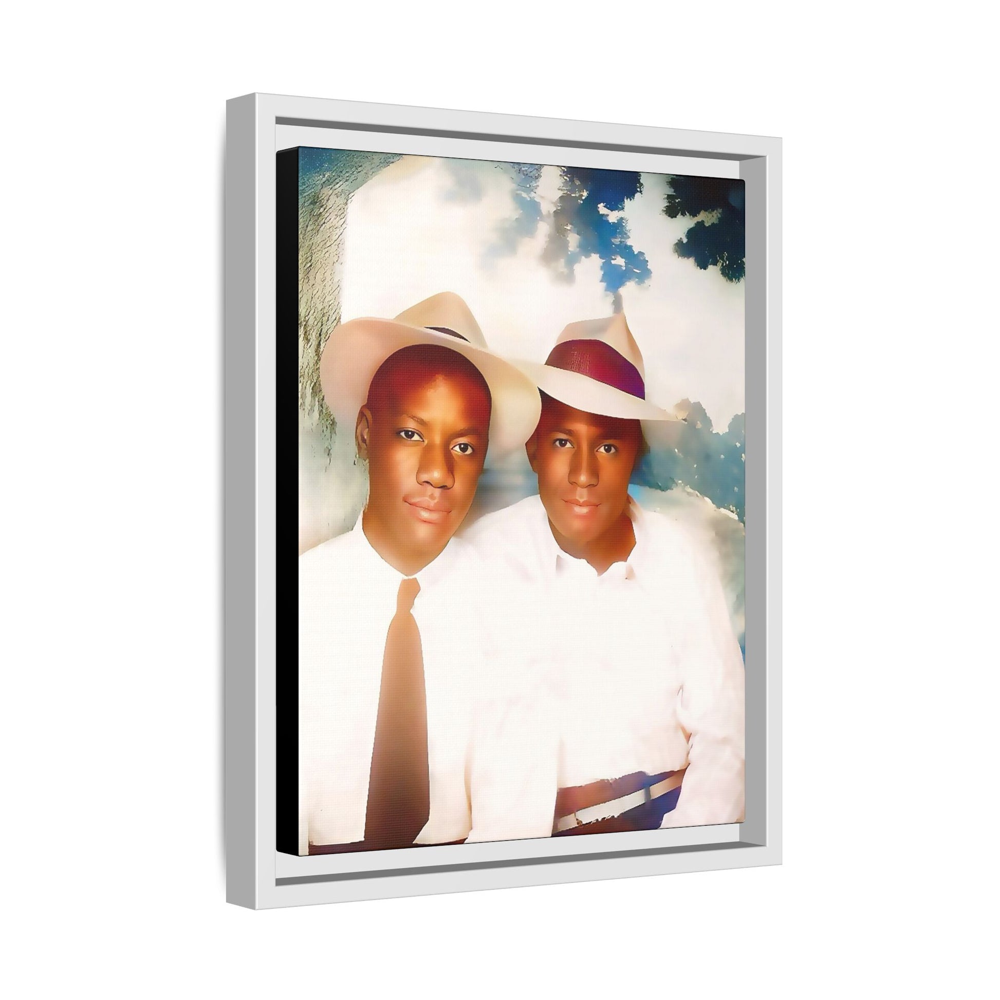 A restored vintage portrait of Bryson & Damien in Taylor, Mississippi. This framed matte canvas celebrates LGBTQ+ history, Southern charm, and timeless love. African American Gay Couple