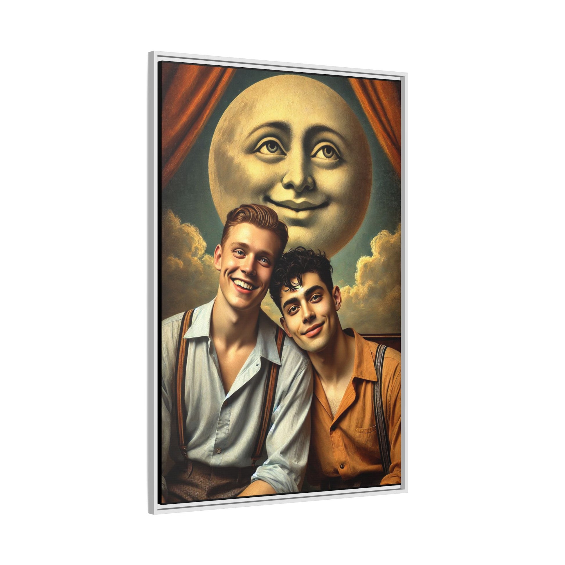 Framed artwork featuring a joyful queer couple in 1930s attire, seated close together beneath a smiling full moon in a theatrical studio setting. A celebration of reclaimed LGBTQ+ narratives in nostalgic portraiture.