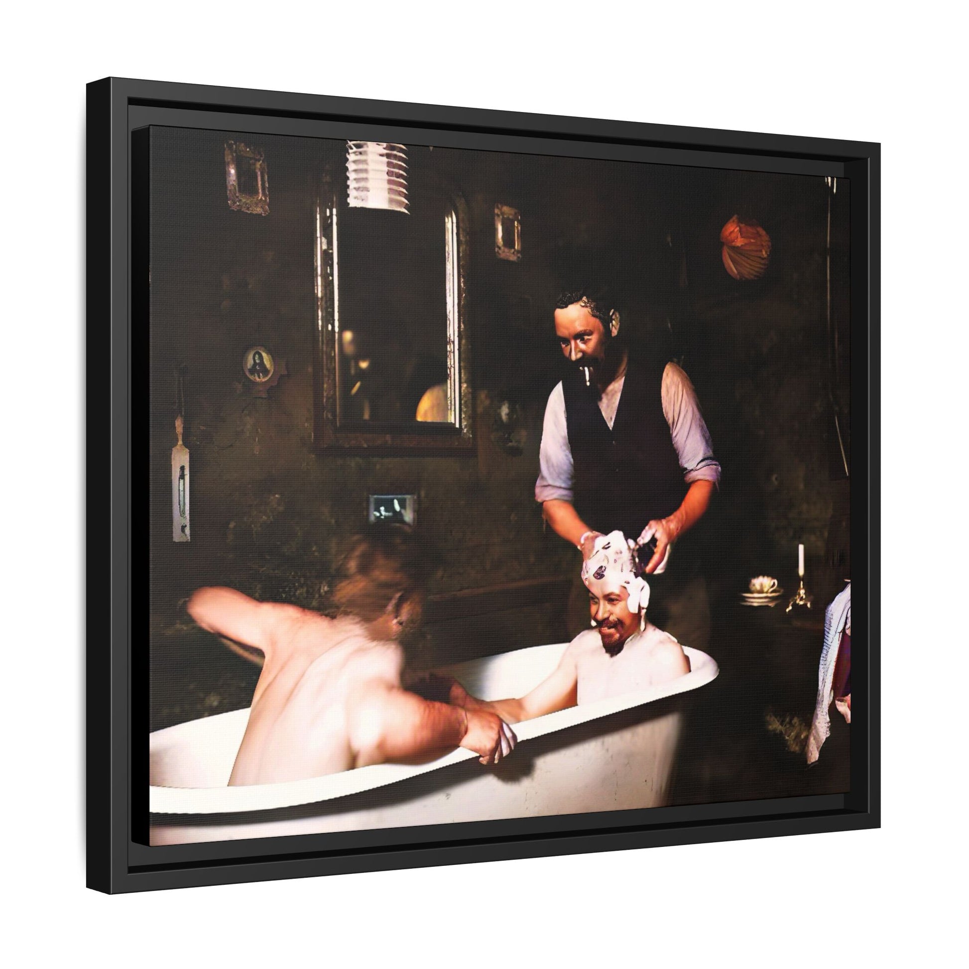 Restored vintage photo of camaraderie at Walsh Depot, Battle Mountain, NV, featuring a clawfoot tub, and framed canvas art. Naked Men in the bathtub. Gay Bears
