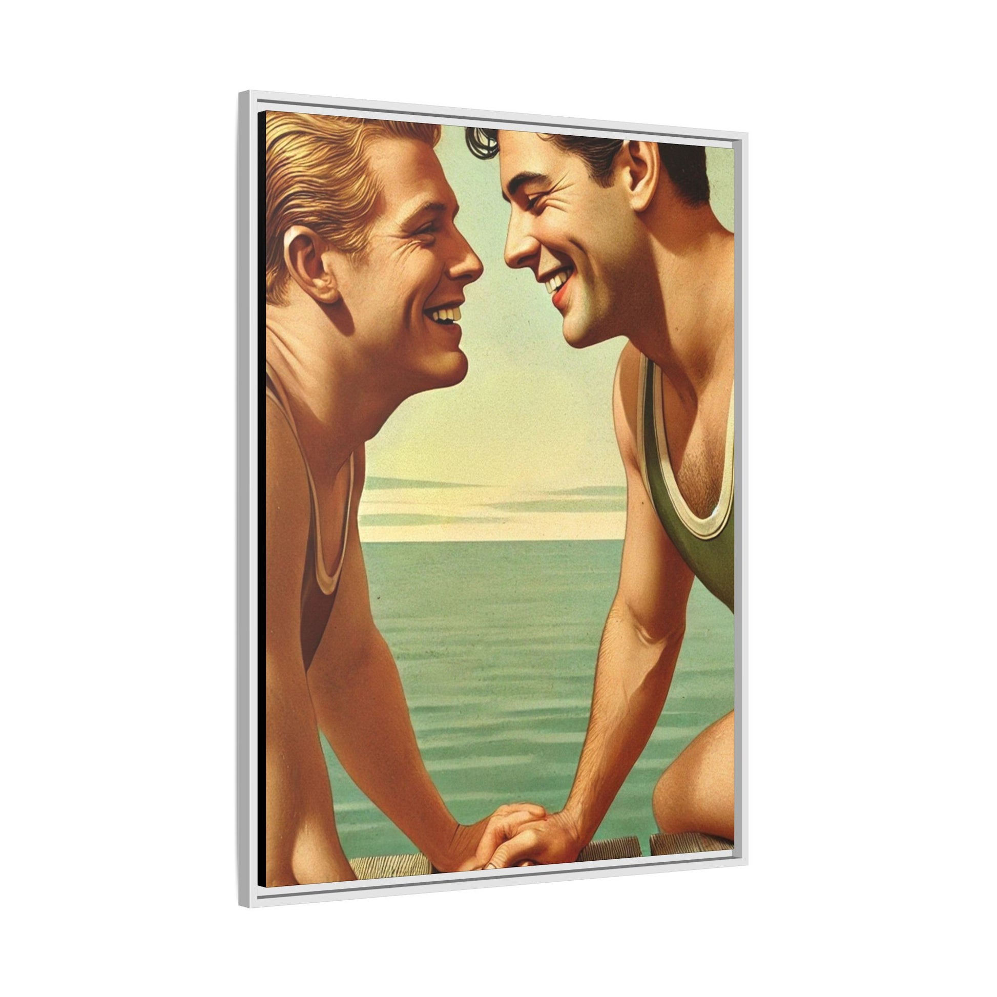 Vintage-style artwork of a joyful 1930s moment between a gay couple by the lake, dressed in classic swimwear and sharing warm smiles. Set on a serene wooden dock, this piece captures love, companionship, and LGBTQ+ history in an idyllic, nostalgic summer setting.