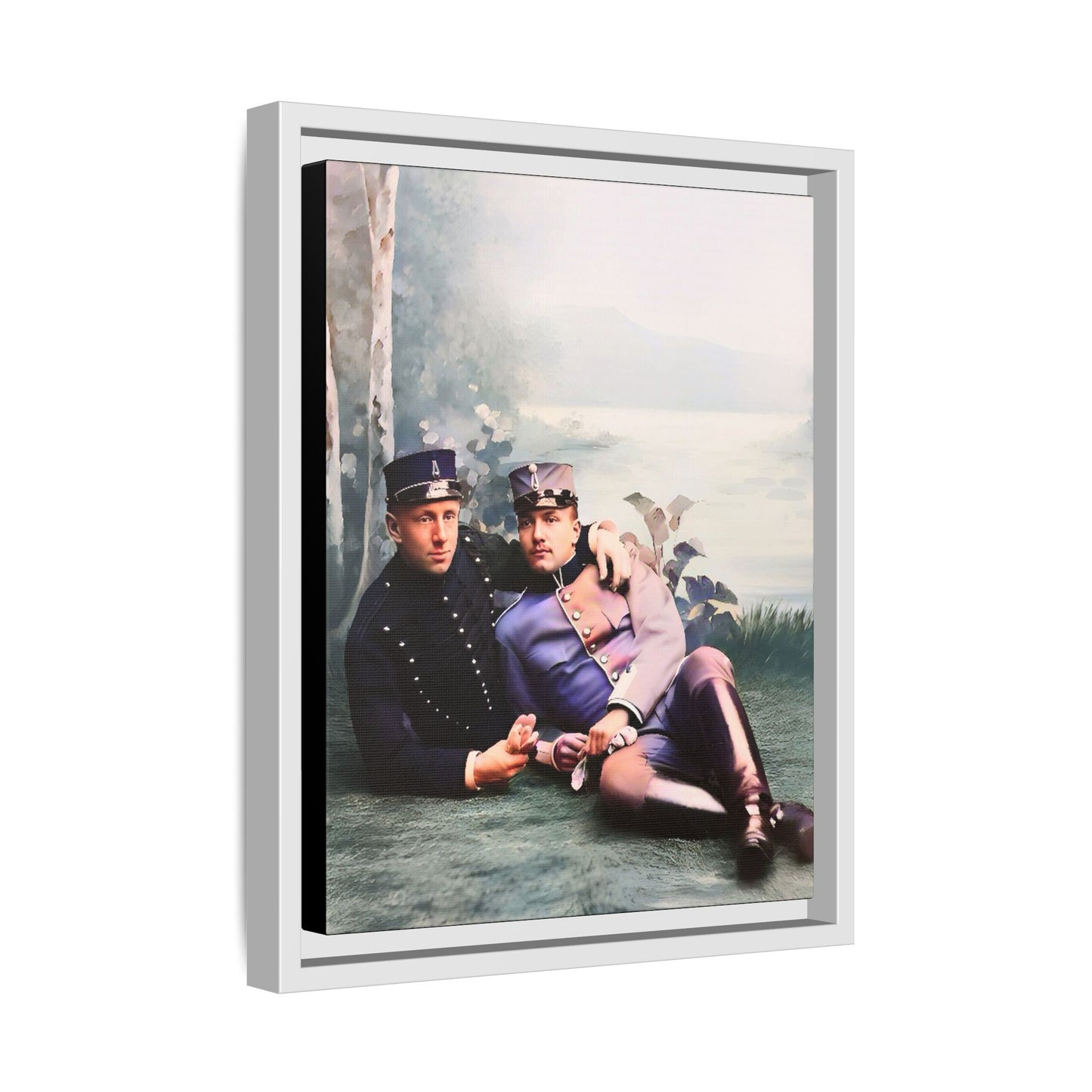 Restored early 1900s photo of Karl and Mats in Swedish military uniforms, reclining by a lakeside, celebrating LGBTQ+ love and history, framed as wall art. Gay Couple Vintage foto homosexuella par