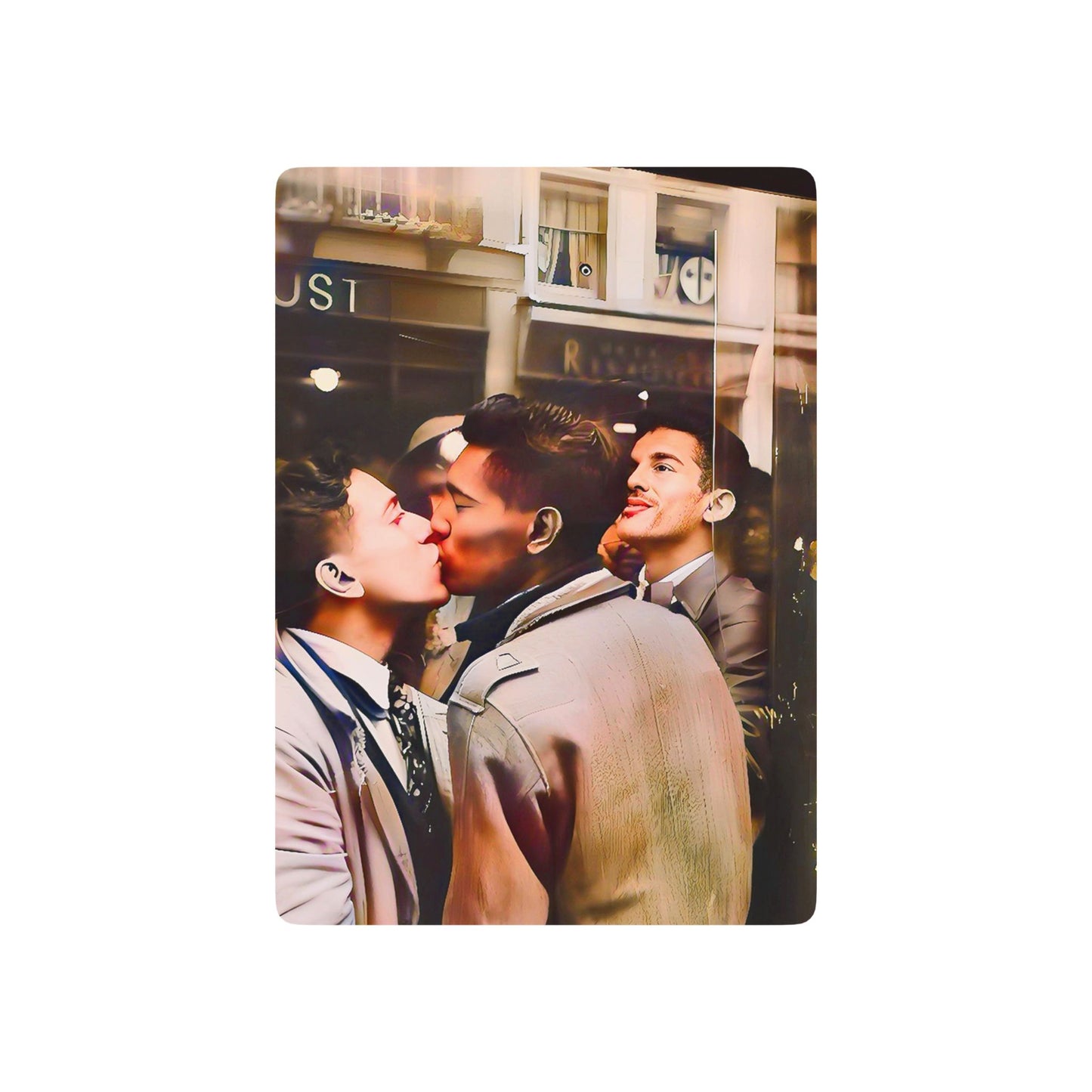 Vintage photo of two men sharing a kiss at the Mayfair Bar in 1950s Staten Island, symbolizing LGBTQ+ love and resistance.