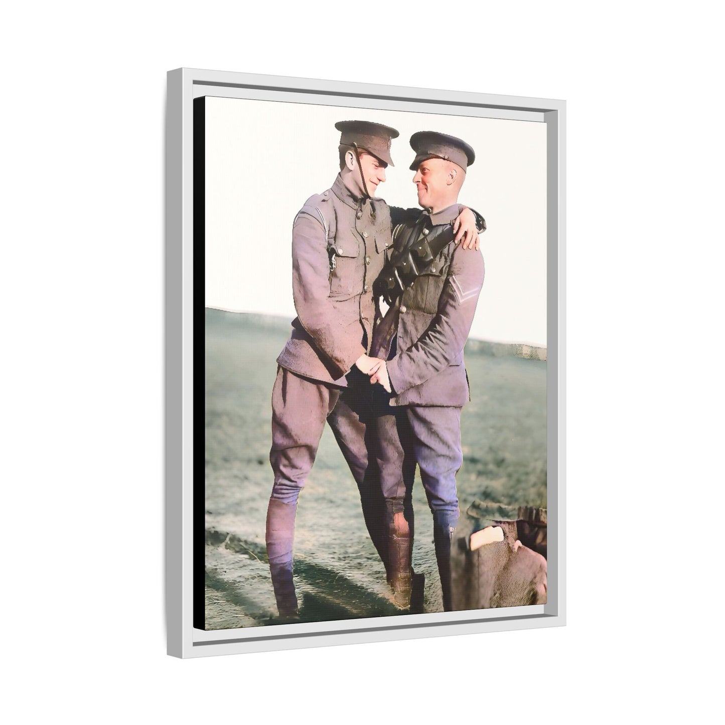 A restored vintage military portrait of Lee & Clifford, soldiers in the Battle of Amiens. This framed matte canvas honors LGBTQ+ history, resilience, and love in wartime.