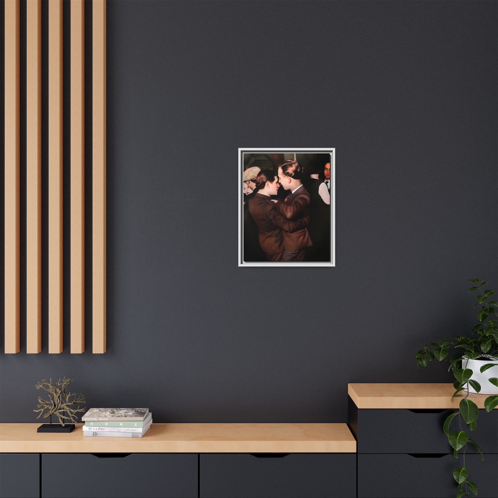 Vintage Gay dance portrait of Bernard & Leroy at an Atlanta soirée. Their embrace reflects timeless love and authenticity. A framed matte canvas print celebrating history, romance, and the elegance of shared moments.