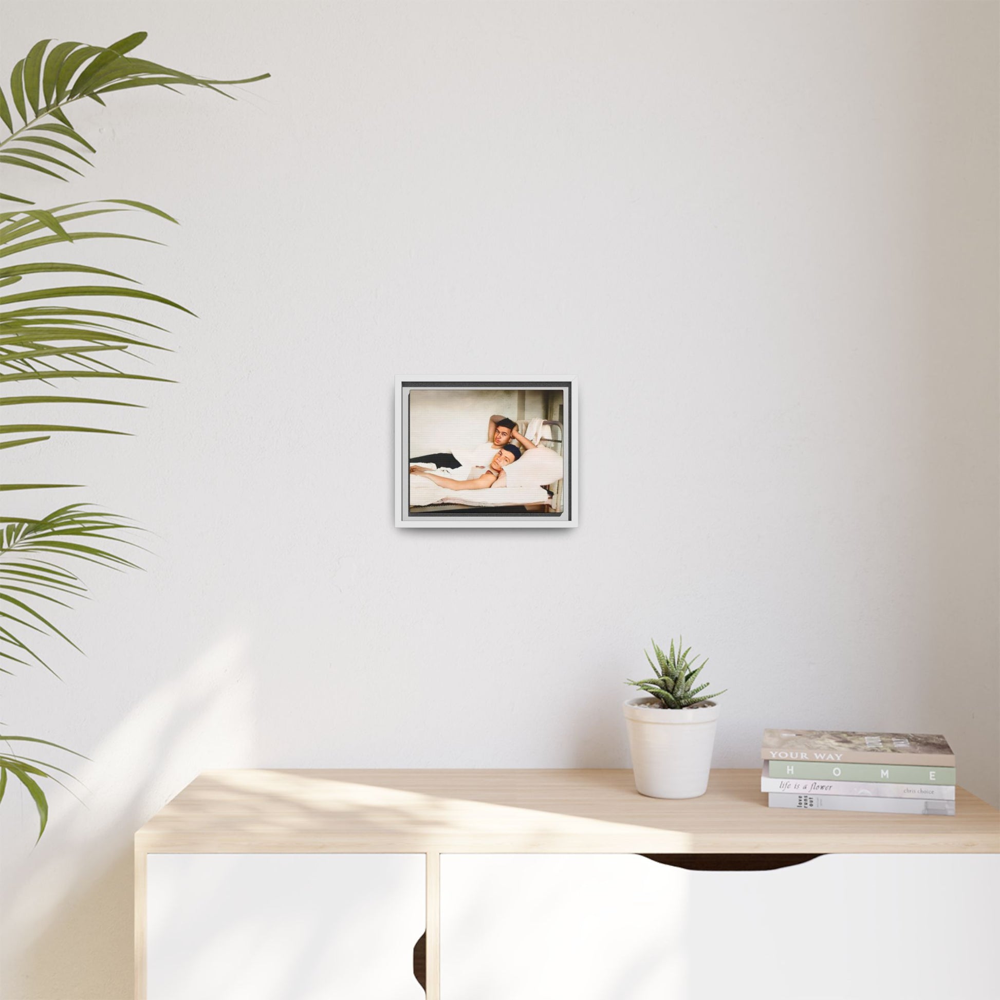A vintage Gay couple portrait of Vernon & Jesse in Portland, Maine. This framed canvas print captures an intimate and heartfelt moment, making it a timeless addition to any home decor or a meaningful gift celebrating love and history. Men in Bed