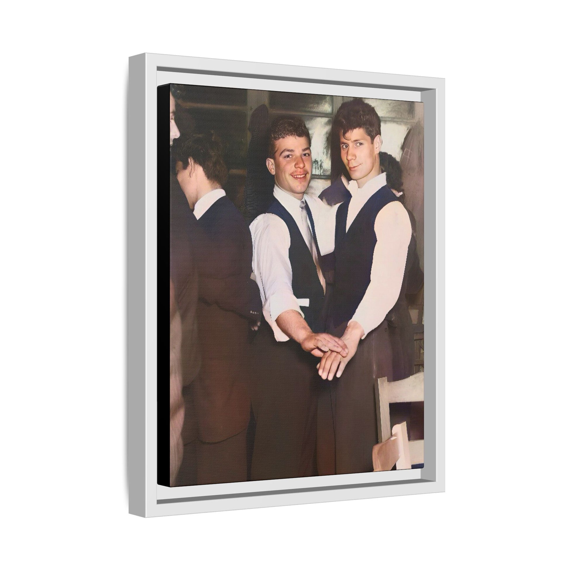 Restored and colorized mid-20th century photo of Clarence and Francis dancing, celebrating LGBTQ+ love and resilience, framed as a matte canvas wall décor piece. Gay Couple