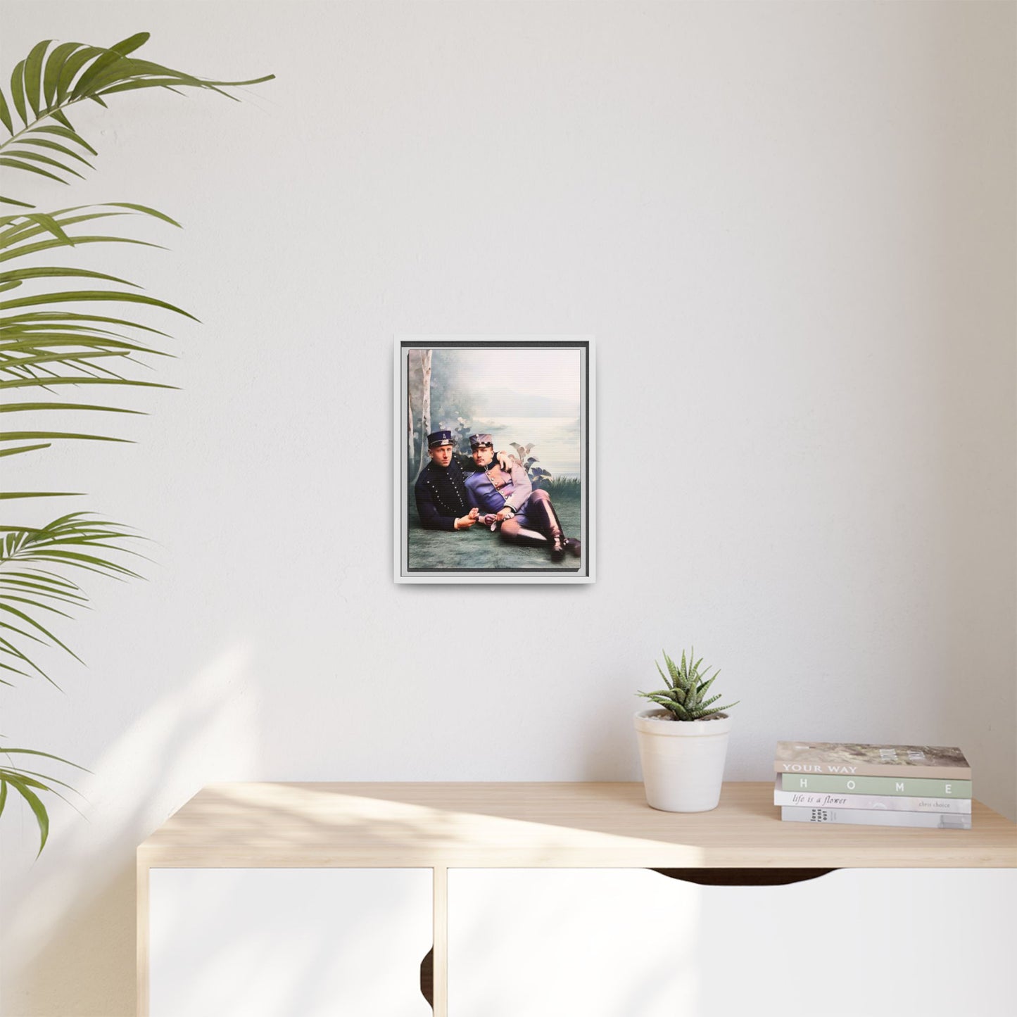 Restored early 1900s photo of Karl and Mats in Swedish military uniforms, reclining by a lakeside, celebrating LGBTQ+ love and history, framed as wall art. Gay Couple Vintage foto homosexuella par