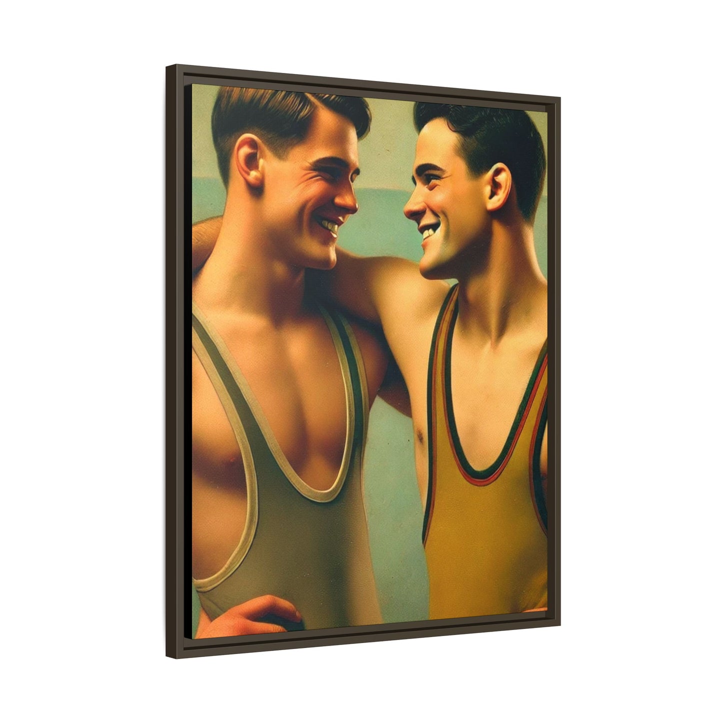 Framed artwork of two young wrestlers in vintage singlets sharing a candid moment, inspired by Grant Wood's Regionalist art style.