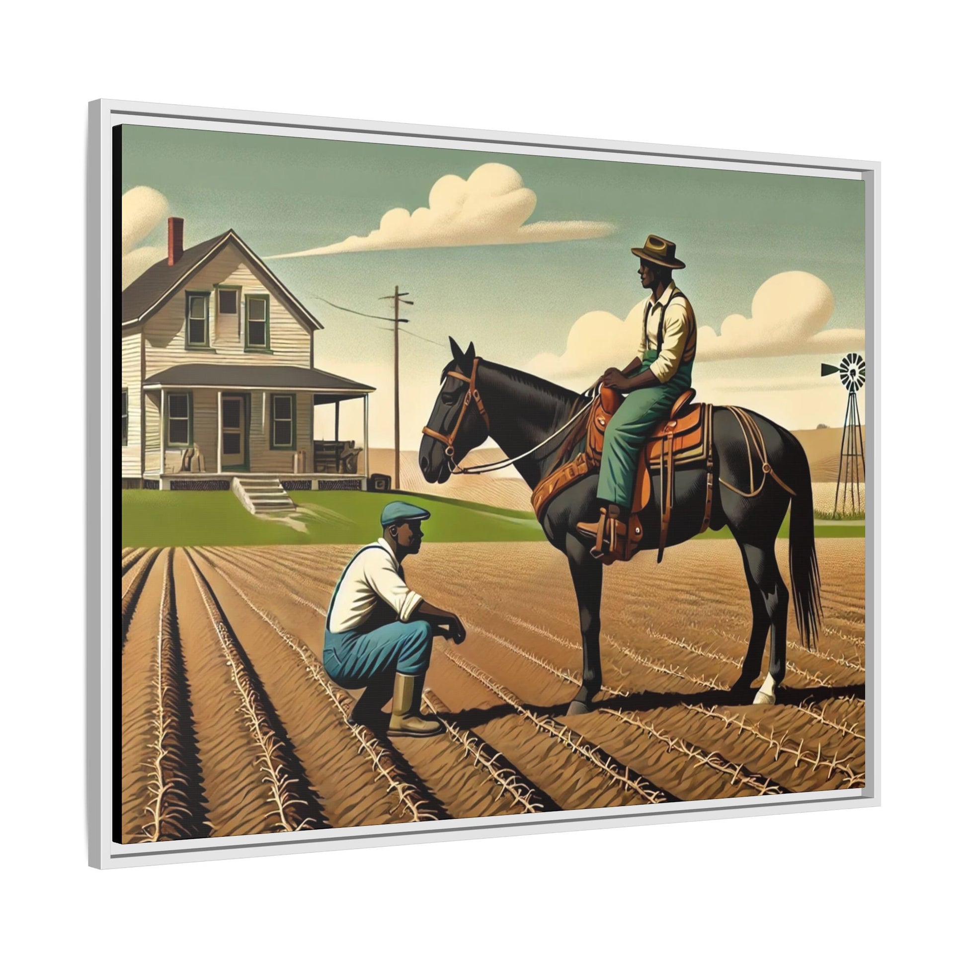 Artwork of an African American queer couple working together on a farm in a serene, vintage-inspired landscape. One man sits on horseback, gazing warmly at his partner, who examines the soil, symbolizing their partnership in both love and labor. The scene captures resilience, companionship, and the beauty of rural life.