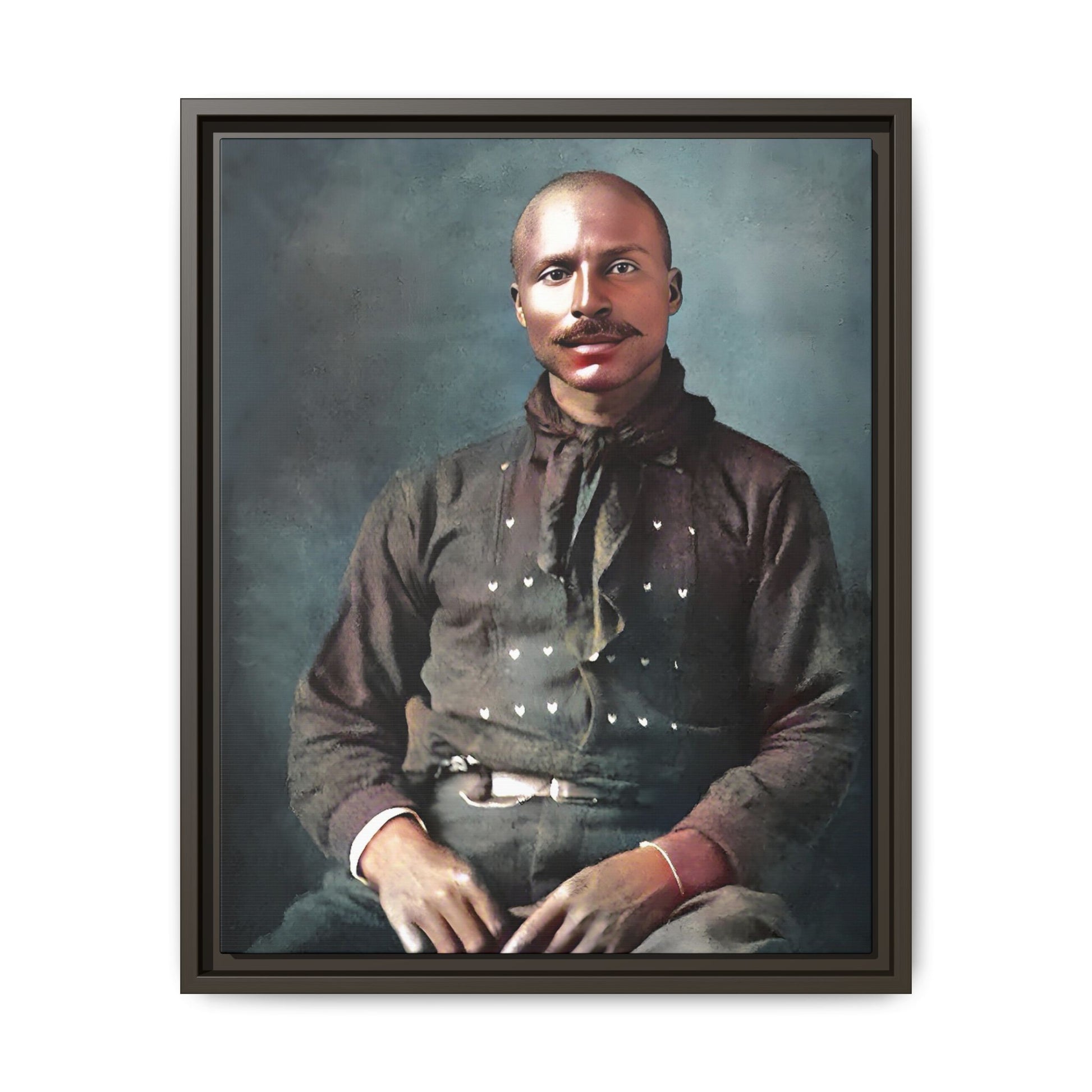 A vintage Western portrait of Jorge, capturing the rugged charm of the Old West in Mesa, Arizona. This framed matte canvas showcases resilience and classic cowboy style, perfect for rustic, Western, or Americana-inspired decor. Hispanic Latino