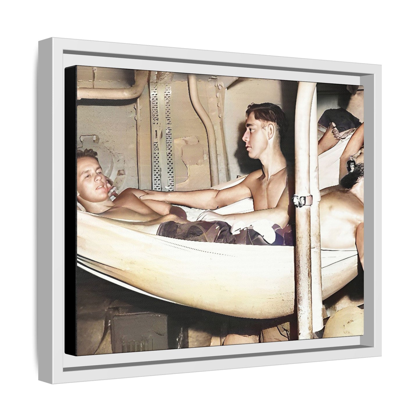 A framed vintage maritime photo on matte canvas featuring sailors aboard the Orleans, capturing life at sea and camaraderie.