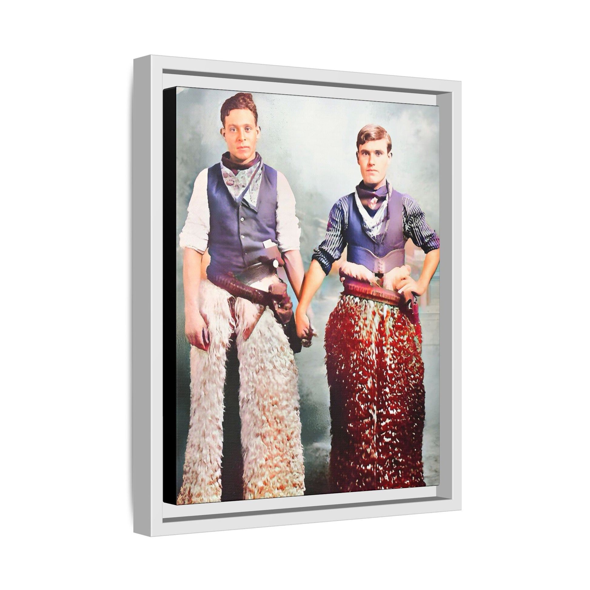 Restored colorized vintage photo of two cowboys, Kline & Autry, holding hands in Carson City, early 20th century. Gay Couple